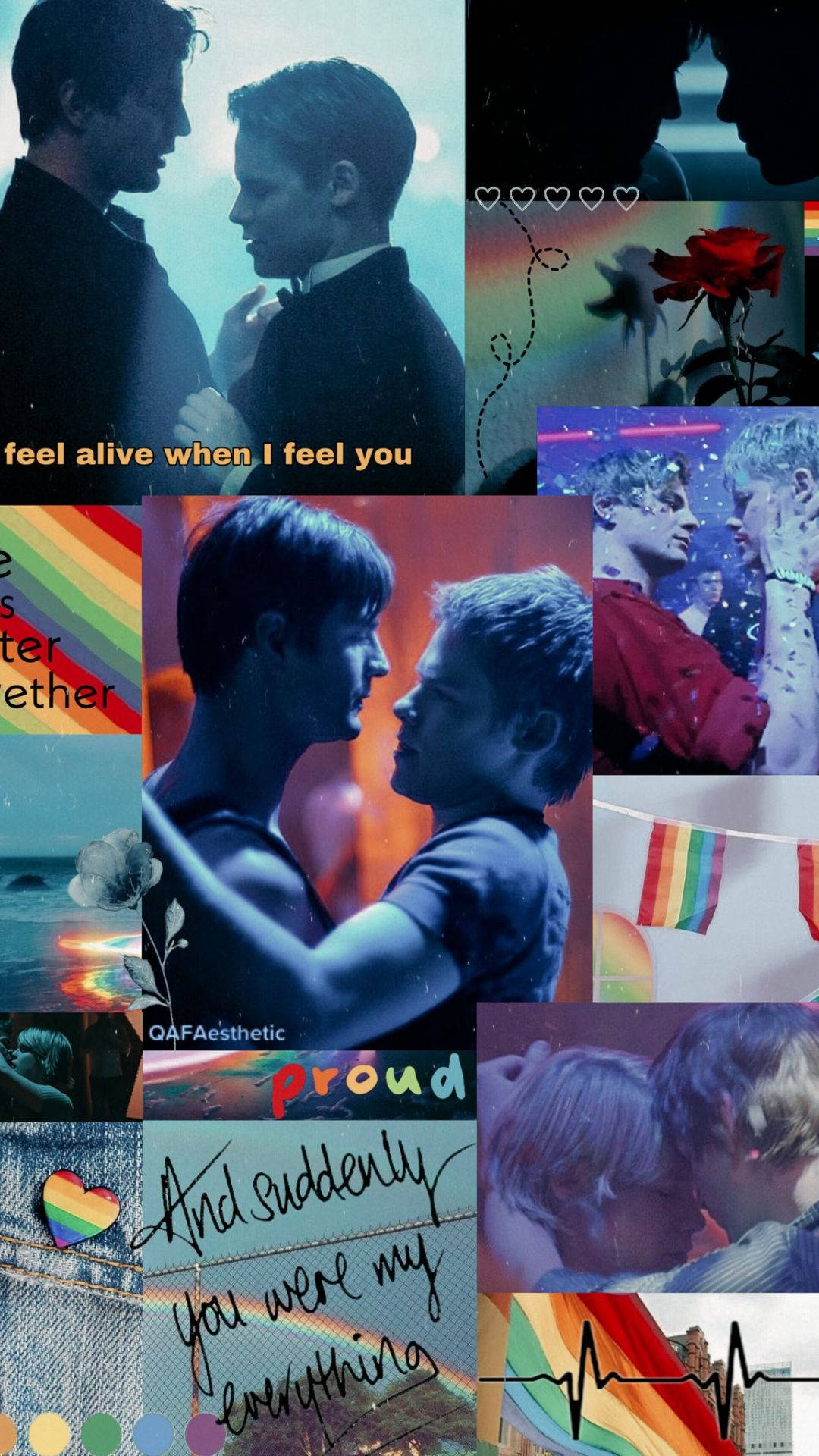 As 桌布 壁紙 — 一幅充滿活力的 LGBTQ+ 主題拼貼畫，展現男性之間的浪漫和深情時刻，帶有彩虹圖案和真摯的語錄。