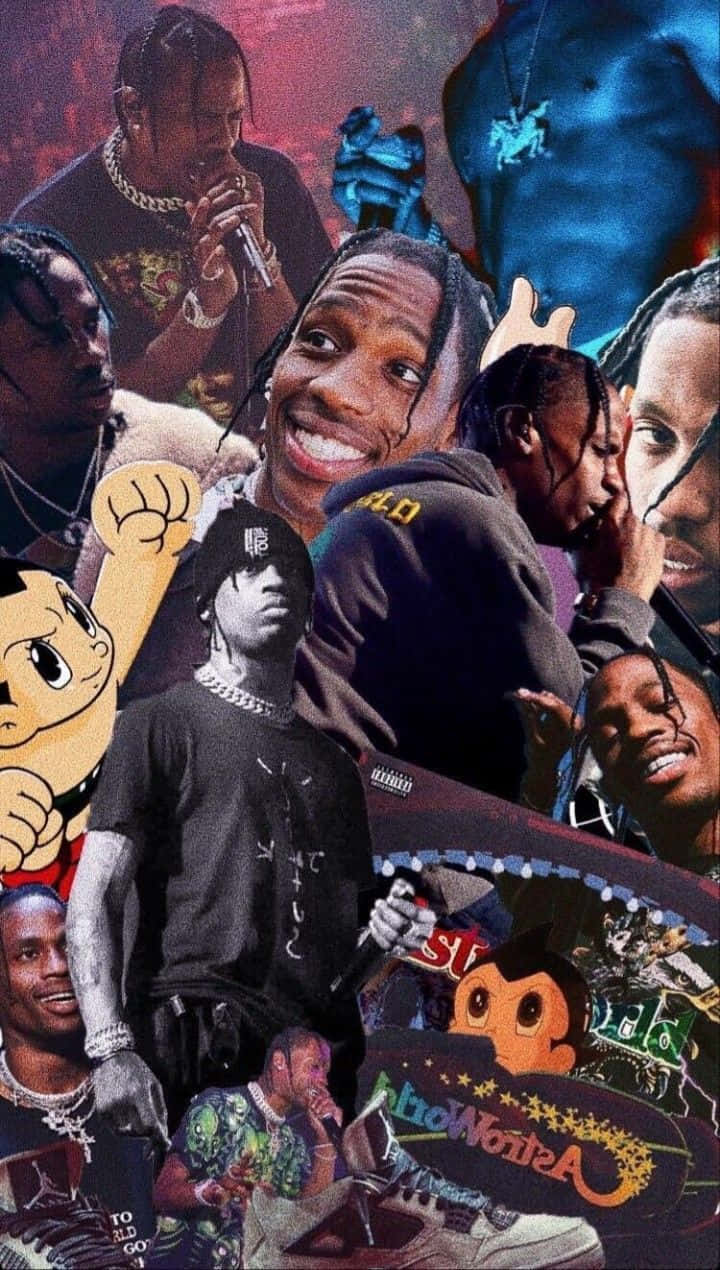 Travis Scott 拼貼畫，帶有塗鴉和卡通角色。 — 說唱歌手 壁紙