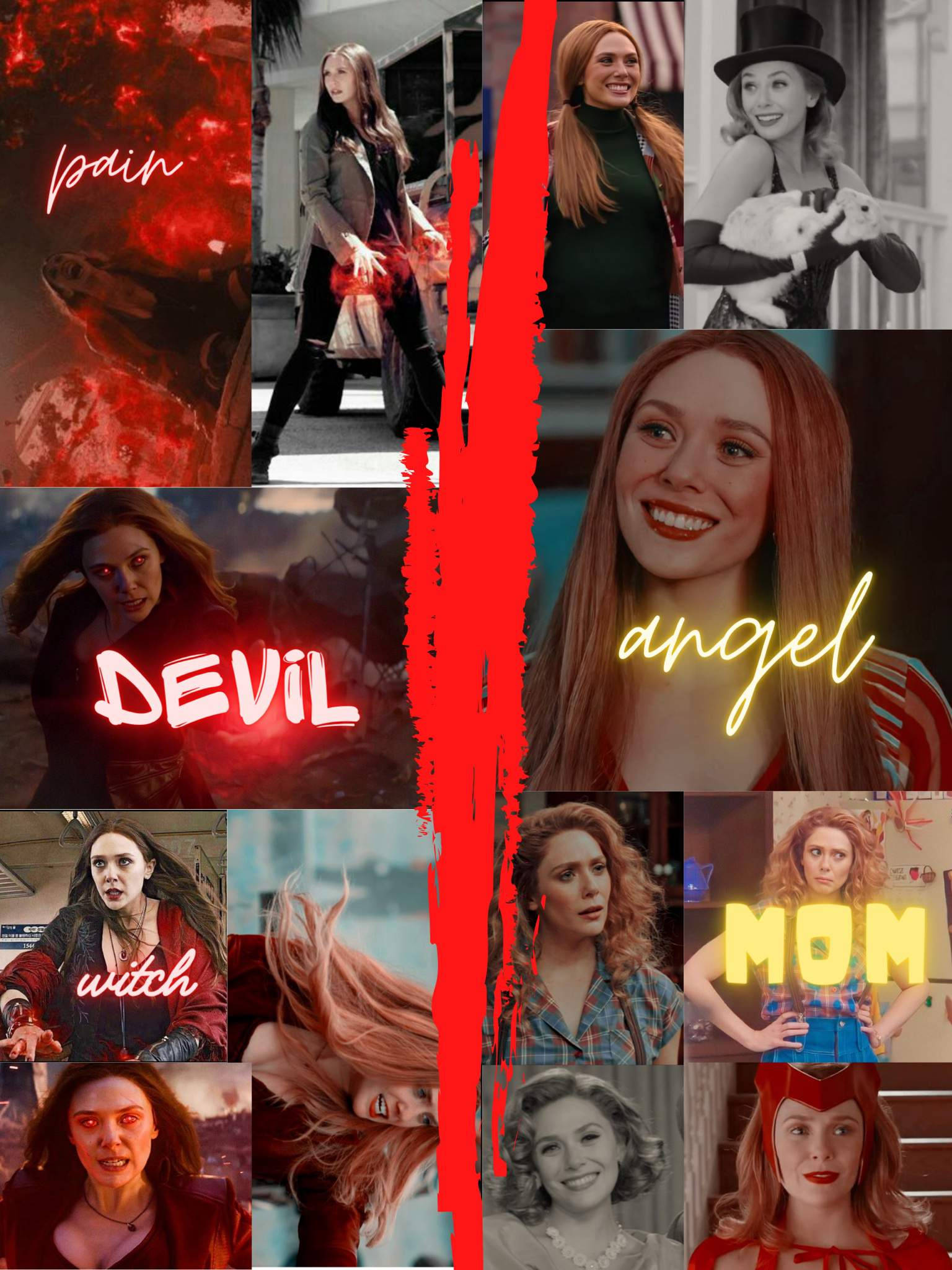 Wanda 桌布 壁紙 — 一幅充滿活力的 Wanda Maximoff 拼貼畫，展示她不同角色，由紅色裂縫和霓虹文字標籤分隔。