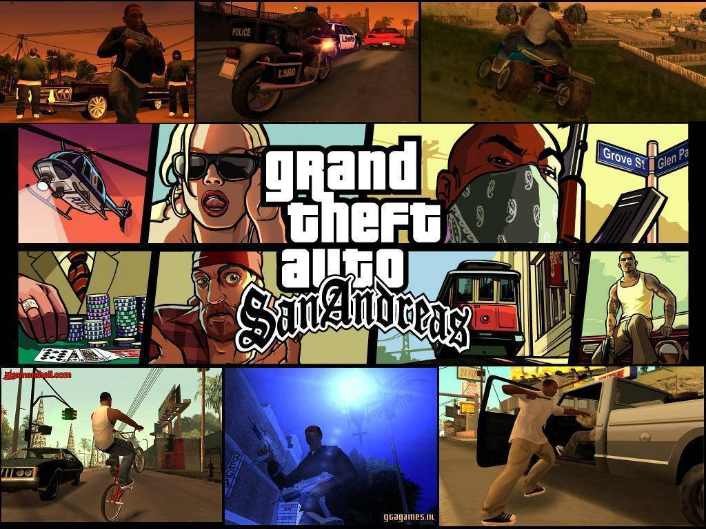 GTA 聖安地列斯 桌布 壁紙 — 一幅充滿活力的《俠盜獵車手：聖安地列斯》場景拼貼畫，以風格化的漫畫面板展示角色、警察追逐和城市動作。