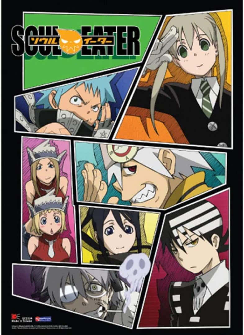 Soul Eater 桌布 壁紙 — 一幅充滿活力的《噬魂者》動畫海報，七個角色以動態漫畫風格面板呈現，色彩大膽，表情豐富。