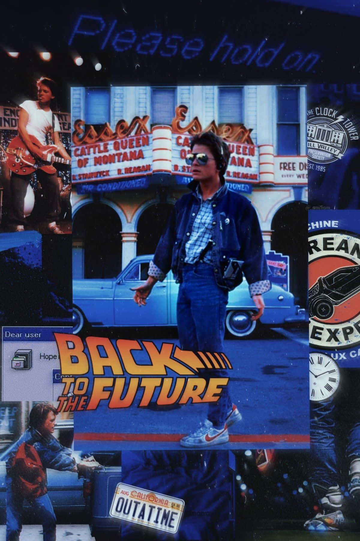 美學 桌布 壁紙 — 一幅充滿活力的《回到未來》電影場景拼貼畫，Marty McFly 身穿牛仔外套和太陽眼鏡，站在藍色 DeLorean 和霓虹燈照亮的劇院前。