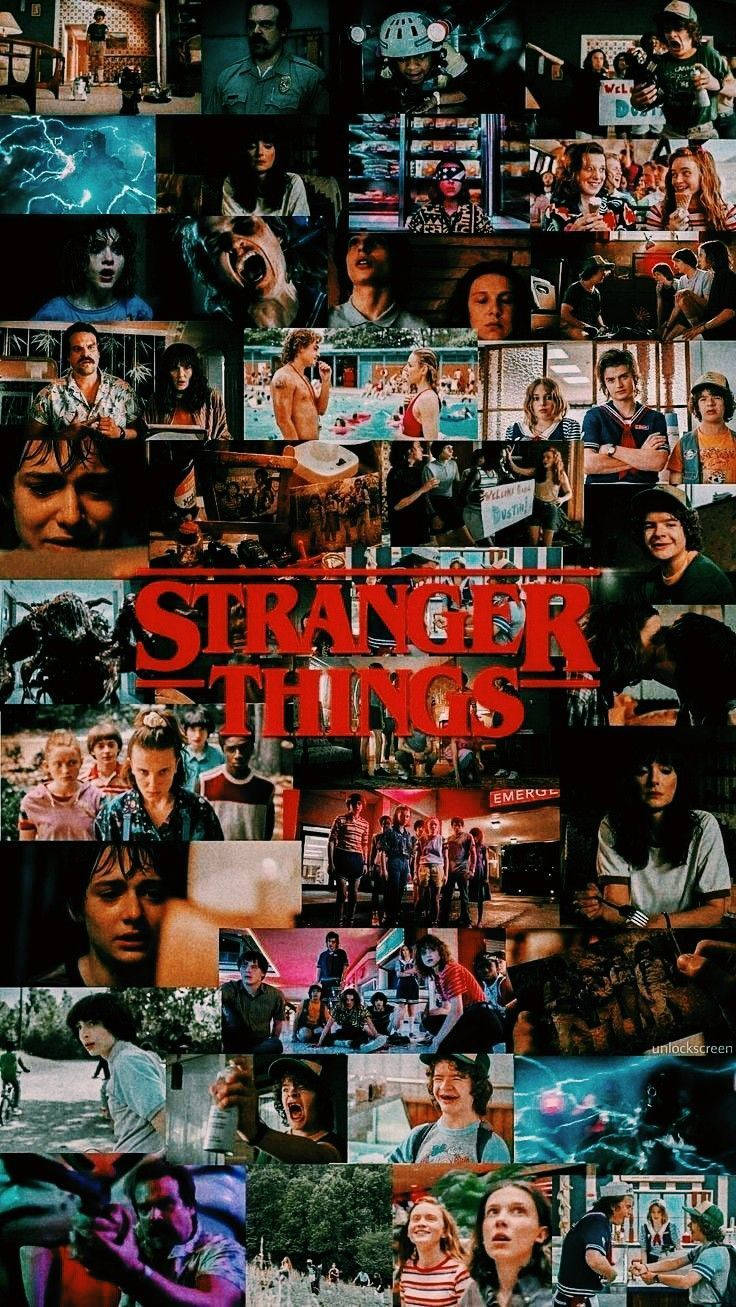 Stranger Things Aesthetic 桌布 壁紙 — 一幅充滿活力的《怪奇物語》場景拼貼畫，角色在戲劇性時刻中帶有發光的超自然效果。