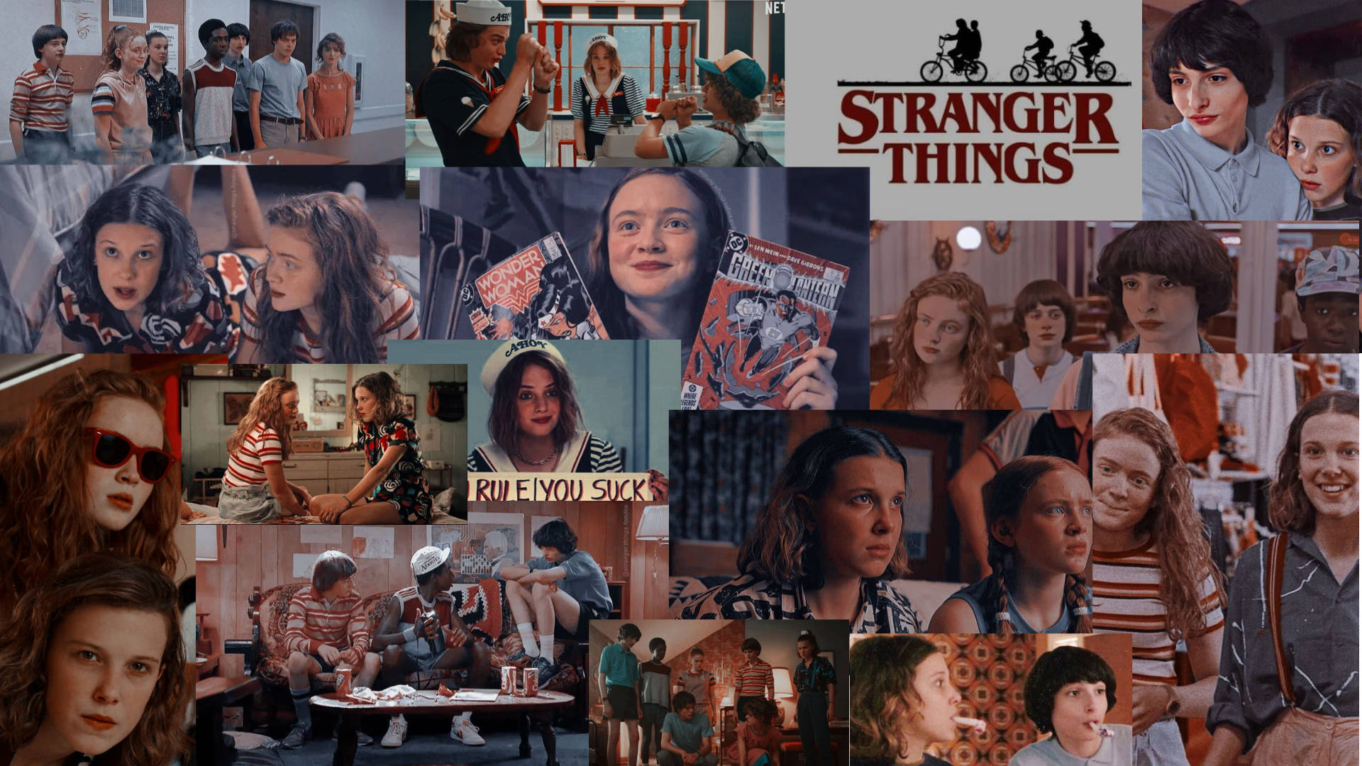 Stranger Things Aesthetic 桌布 壁紙 — 一幅充滿活力的《怪奇物語》場景拼貼畫， featuring 角色身處80年代風格環境，帶有溫暖燈光和懷舊裝飾。