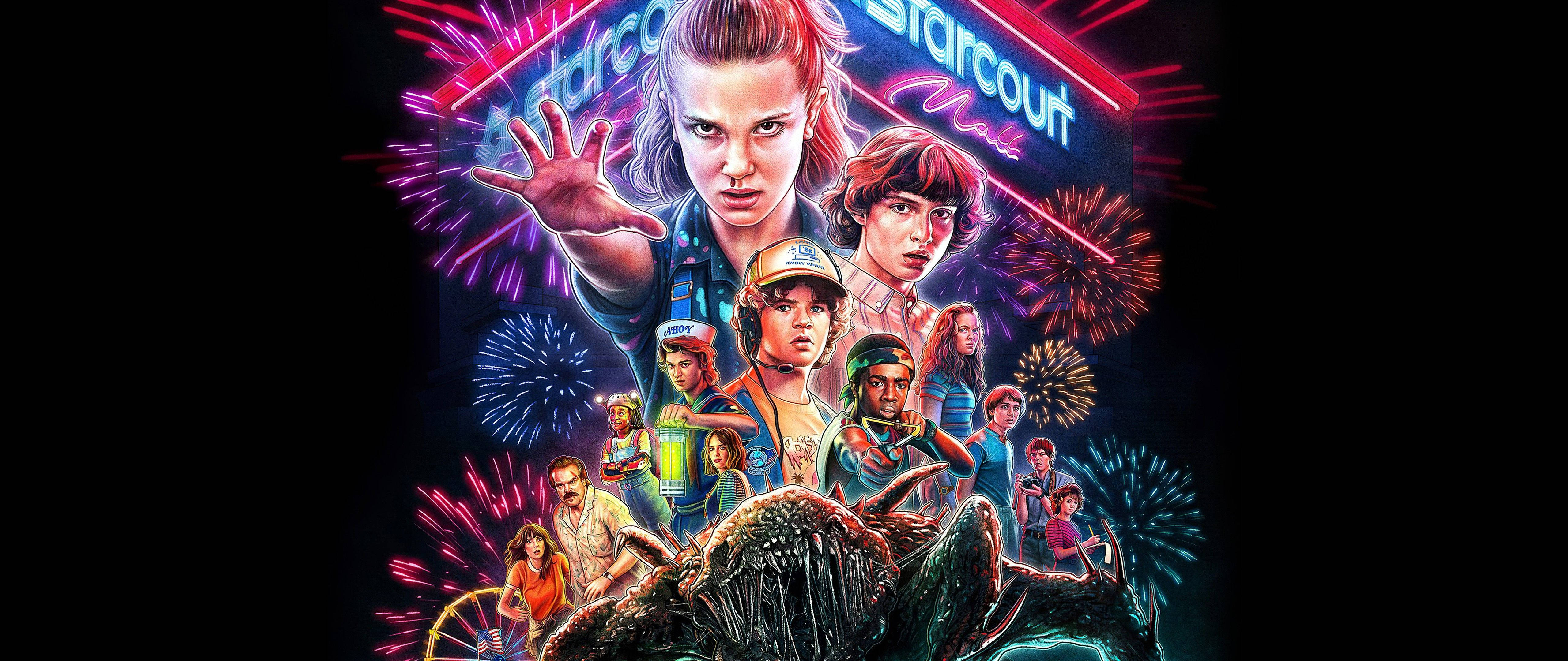 Stranger Things 3 桌布 壁紙 — 一幅充滿活力的《怪奇物語》演員數位藝術海報，帶有霓虹燈煙火和下方的怪物。