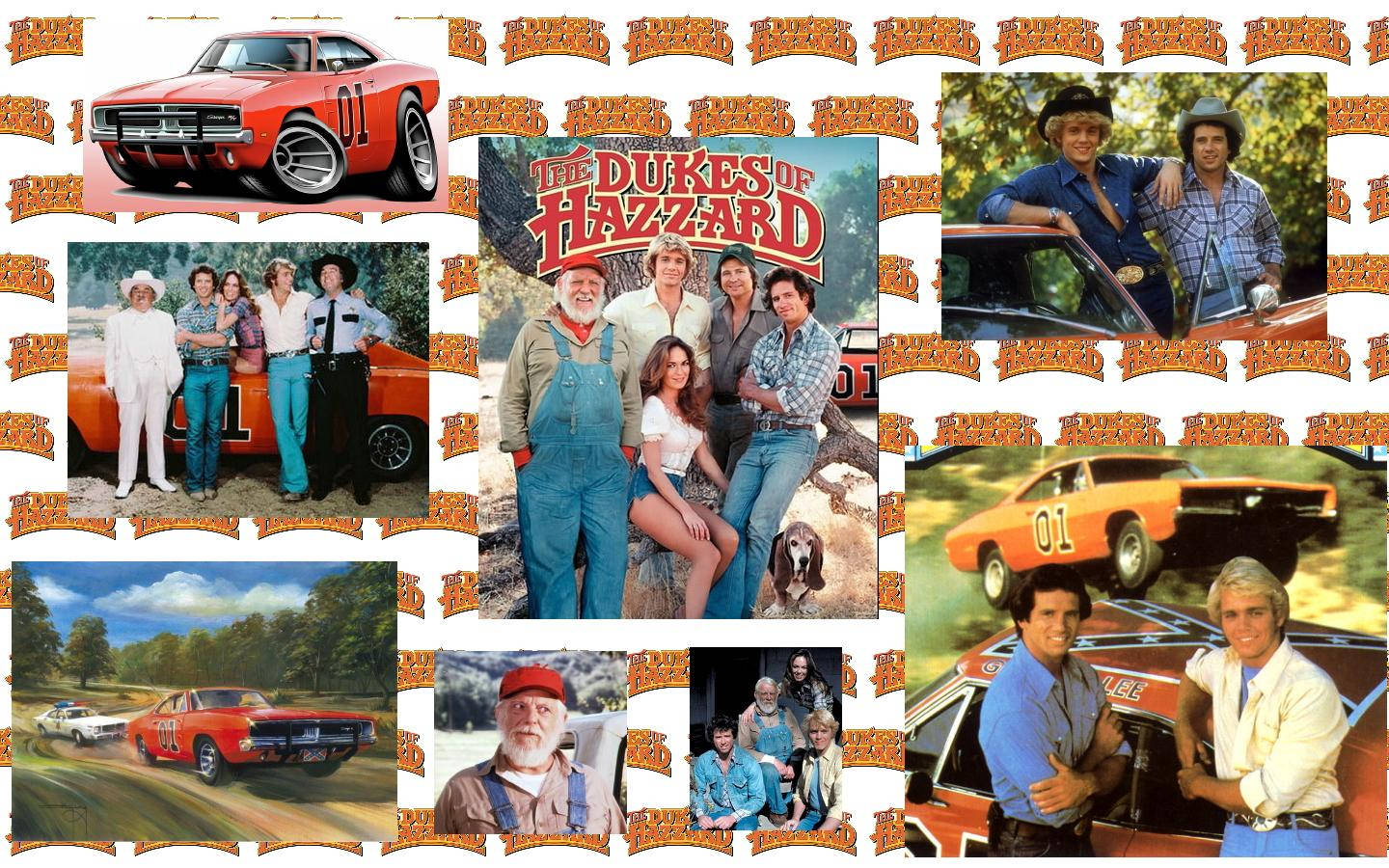 Dukes Of Hazzard 桌布 壁紙 — 一幅充滿活力的《正義前鋒》拼貼畫， featuring 標誌性的橙色道奇 Charger 和演員們以經典的 1970 年代姿勢亮相。