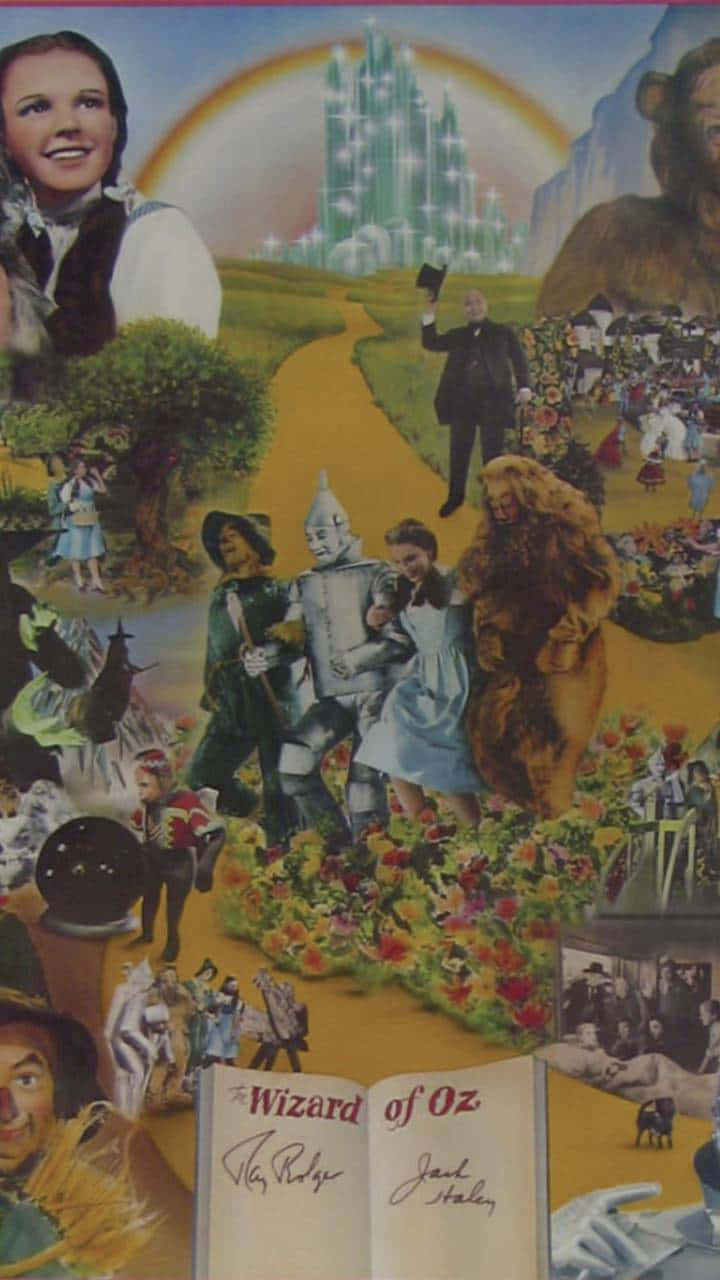 wizard of oz 桌布 壁紙 — 一幅充滿活力的《綠野仙蹤》角色拼貼畫，包括桃樂絲、錫人、膽小獅和巫師，在黃磚路上，背景是翡翠城。