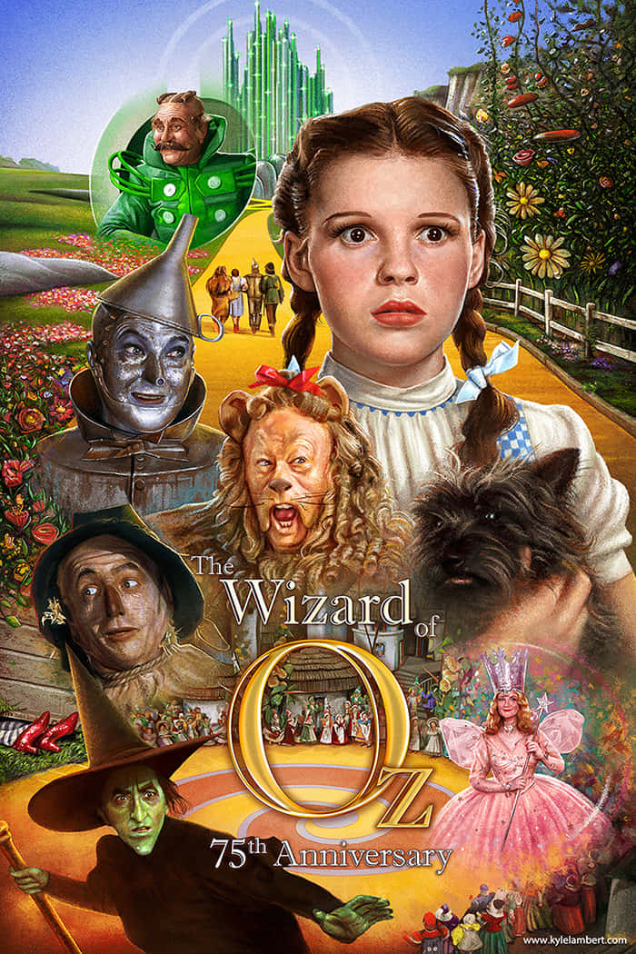 wizard of oz 桌布 壁紙 — 一幅充滿活力的《綠野仙蹤》角色拼貼畫，包括桃樂絲、稻草人、錫人、膽小獅子和邪惡女巫，背景是色彩繽紛的奧茲國。