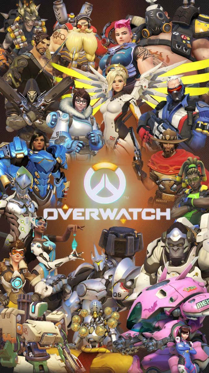 Overwatch 桌布 壁紙 — 一幅充滿活力的《鬥陣特攻》英雄拼貼畫，英雄們擺出動感姿勢，中央有發光標誌。