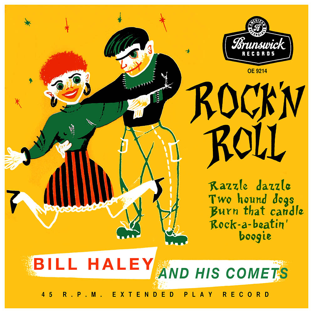 rock and roll 桌布 壁紙 — 一幅充滿活力的1950年代插圖，展示一對情侶在黃色背景上，襯以星星和唱片公司文字，充滿活力地跳舞。