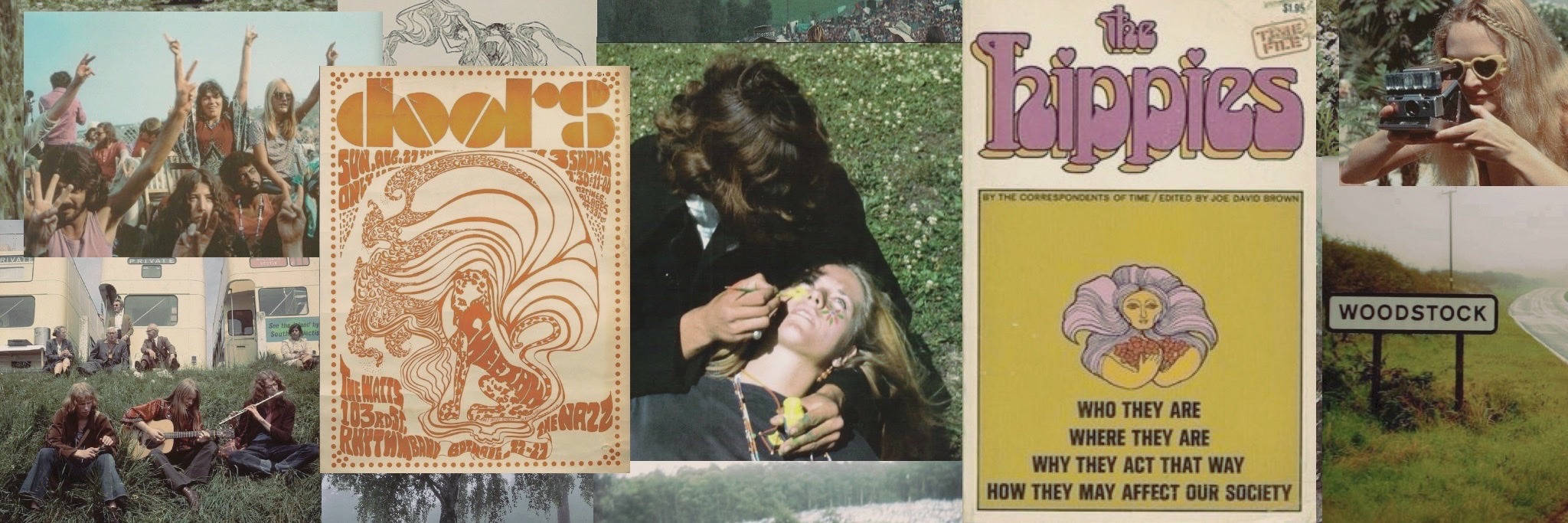Woodstock 桌布 壁紙 — 一幅充滿活力的1960年代反文化意象拼貼畫， featuring Woodstock 標誌、迷幻海報和人們在田野中慶祝。
