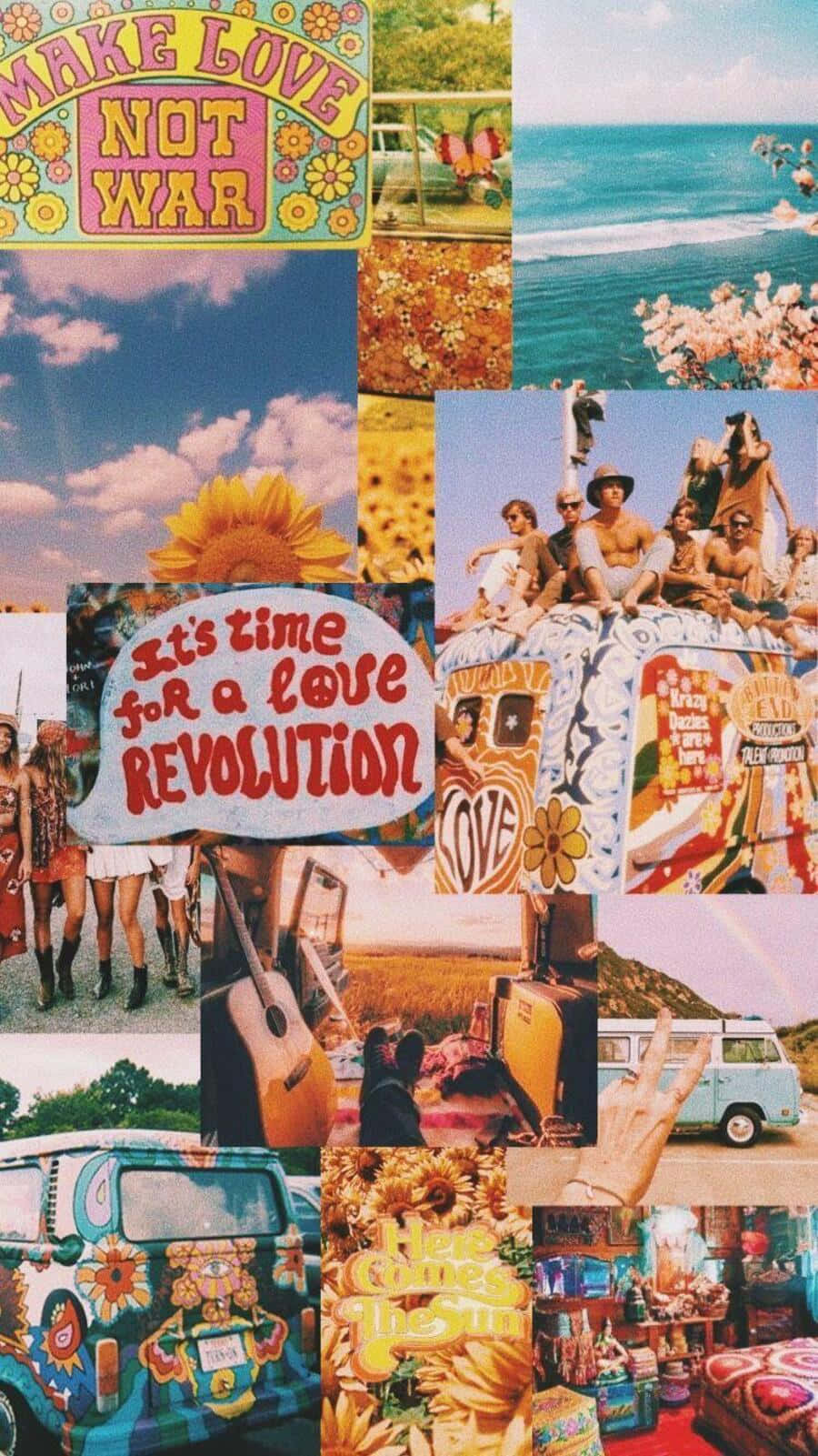 Psychedelic 70s Aesthetic 桌布 壁紙 — 一幅充滿活力的1960年代嬉皮拼貼畫， featuring 向日葵、衝浪板、廂型車和和平標誌，在明亮的藍天下。