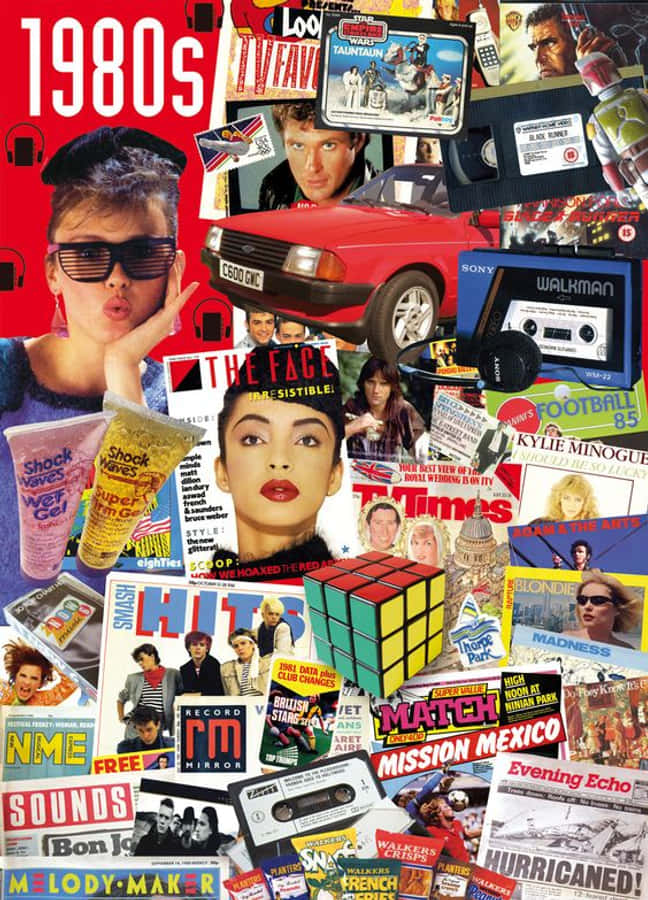 80's 桌布 壁紙 — 一幅充滿活力的1980年代流行文化圖標拼貼畫，包括音樂雜誌、卡式錄音帶、紅色跑車和名人照片。