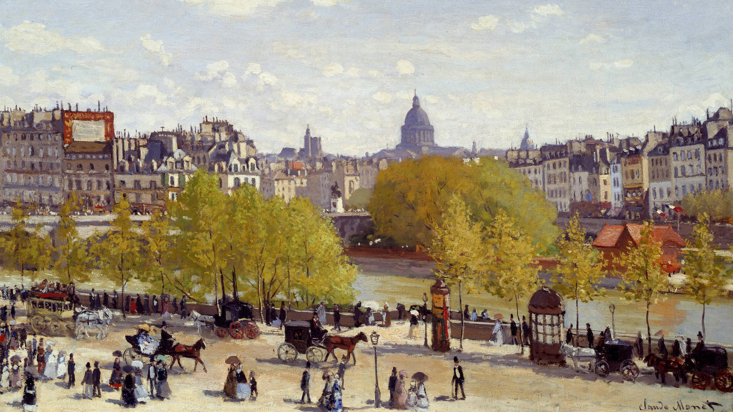 Monet 桌布 壁紙 — 一幅充滿活力的19世紀巴黎河畔場景，有馬車和行人在明亮的天空下。