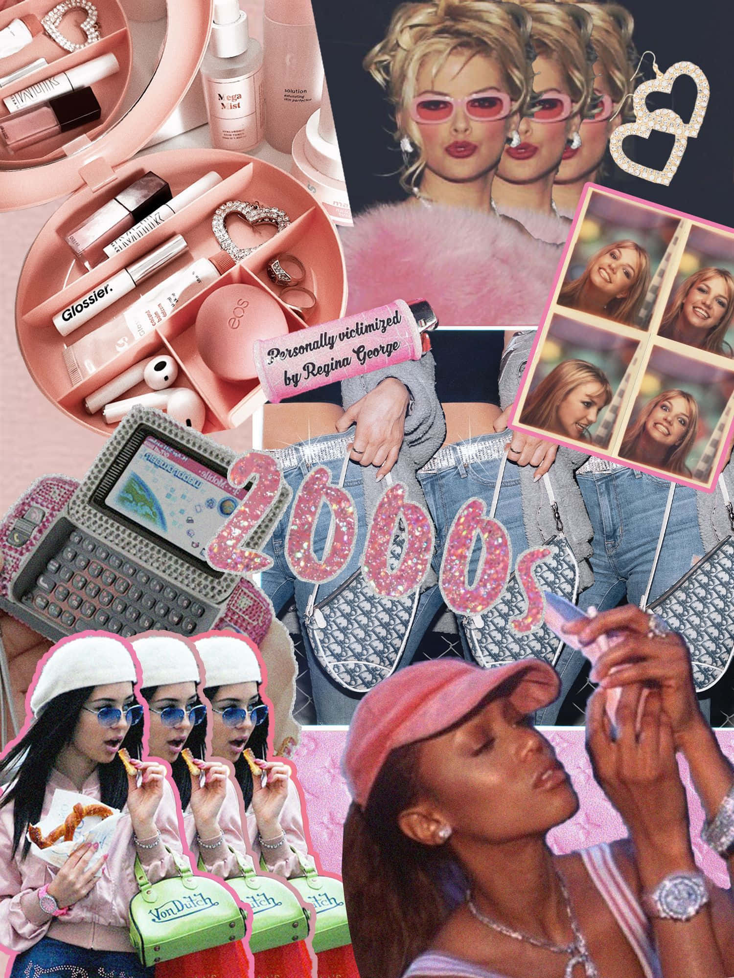 2000s 桌布 壁紙 — 一幅充滿活力的2000年代主題拼貼畫， featuring 粉紅色化妝品、閃亮飾品、復古電話和流行文化圖標，以玩味混亂的佈局呈現。