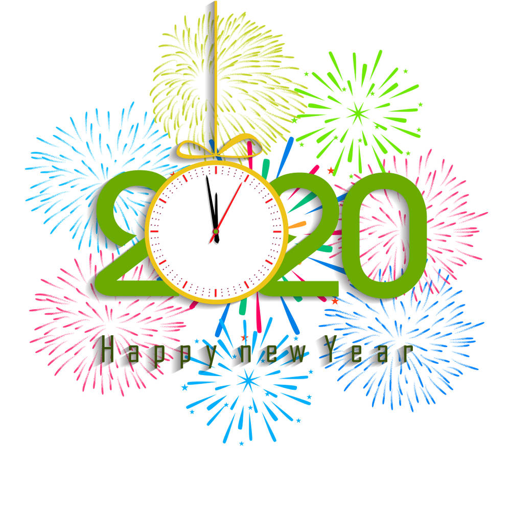 New 桌布 壁紙 — 一幅充滿活力的2020年數位插圖，時鐘敲響午夜，周圍環繞著色彩繽紛的煙火。