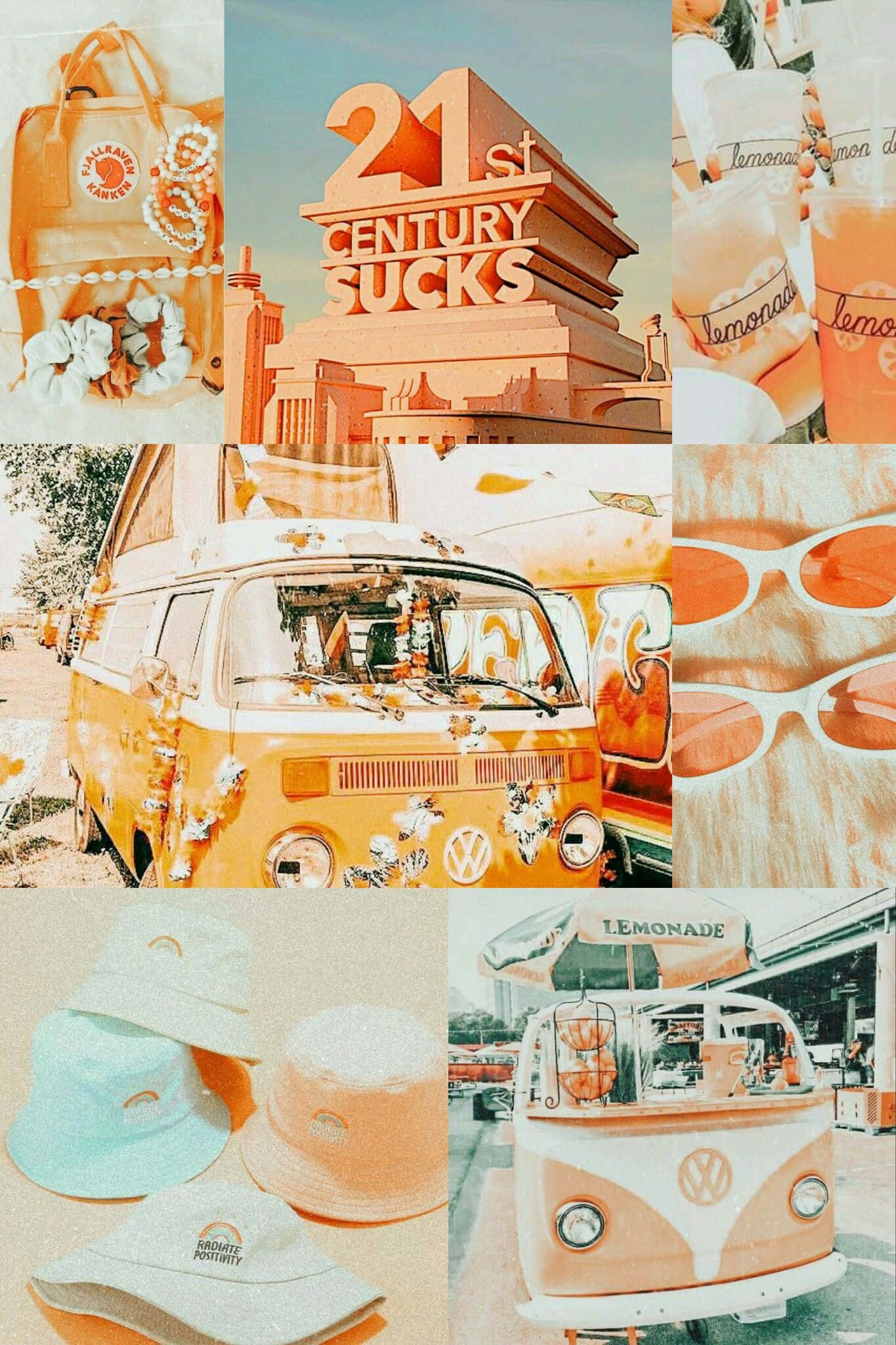 Vsco 桌布 壁紙 — 一幅充滿活力的21世紀復古物品拼貼畫，包括一輛VW廂型車、檸檬水攤、太陽眼鏡和手提袋，沐浴在溫暖的橙色調中。