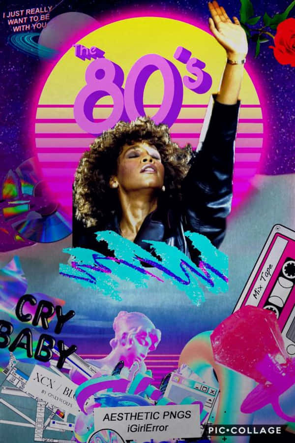 80s iPhone 桌布 壁紙 — 一幅充滿活力的80年代主題拼貼畫，展示一位爆炸頭女性在霓虹太陽前舉手，周圍環繞著卡式錄音帶和玫瑰。