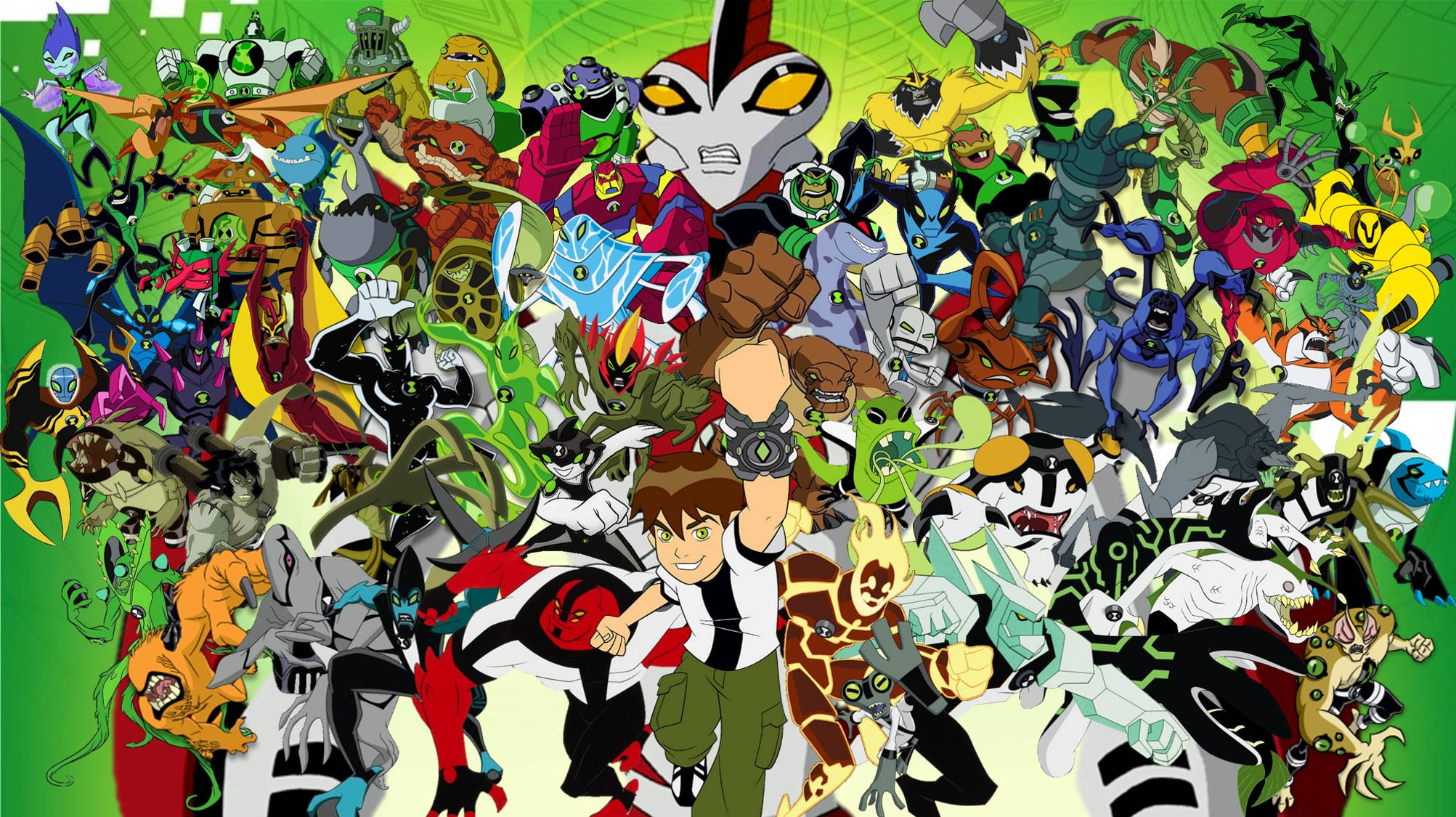 Ben 10 桌布 壁紙 — 一幅充滿活力的Ben 10外星人角色拼貼畫，動態姿勢和鮮豔色彩在綠色背景上綻放。