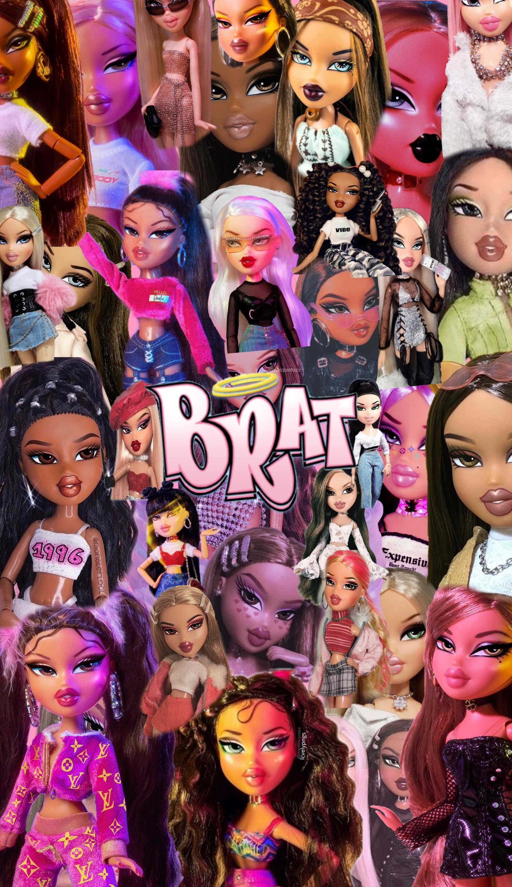 Bratz 桌布 壁紙 — 一幅充滿活力的Bratz娃娃拼貼畫，穿著大膽服裝和誇張妝容，中央有「BRAT」標誌。