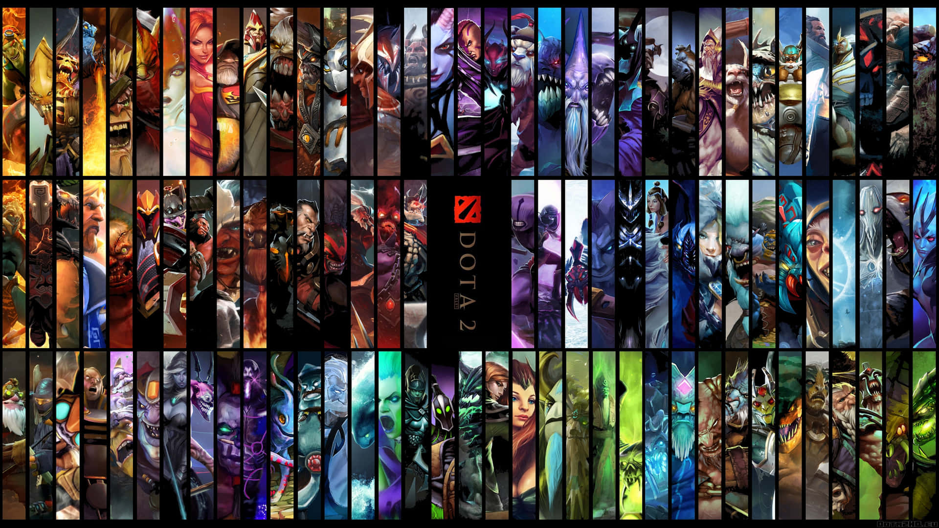 All Games 桌布 壁紙 — 一幅充滿活力的Dota 2英雄垂直面板拼貼畫，展示多樣化的奇幻角色，色彩豐富，姿態動感。