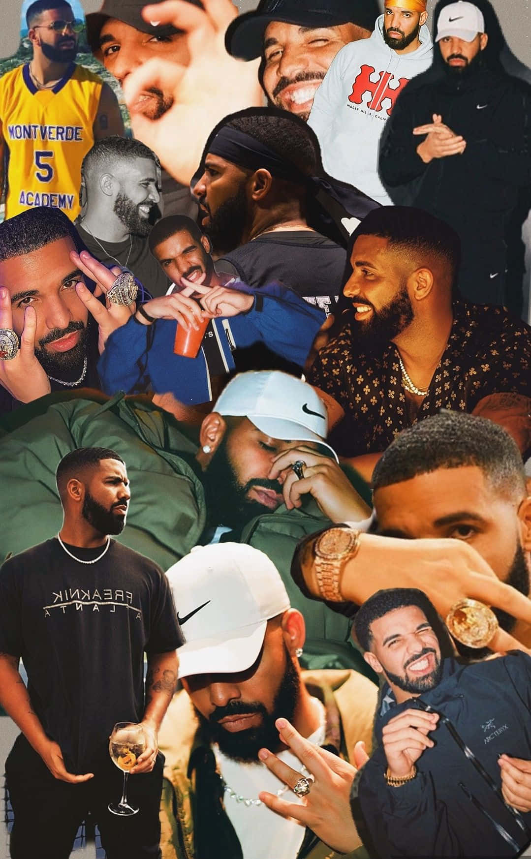 Aesthetic Drake 桌布 壁紙 — 一幅充滿活力的Drake拼貼畫，展示他各種姿勢和服裝，凸顯其標誌性風格和表情。