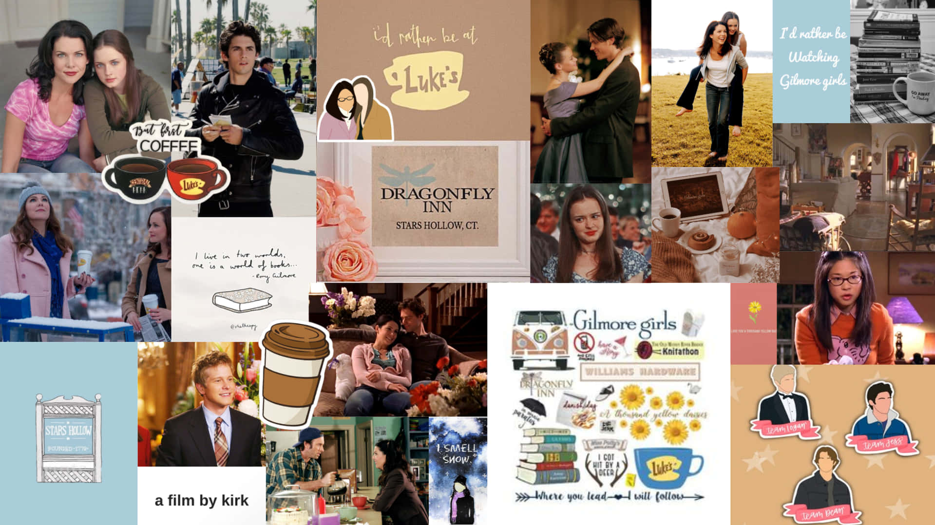 Girl Aesthetic Desktop 桌布 壁紙 — 一幅充滿活力的Gilmore Girls粉絲藝術拼貼畫， featuring 角色、咖啡語錄以及Luke's Diner和Dragonfly Inn等標誌性地點。
