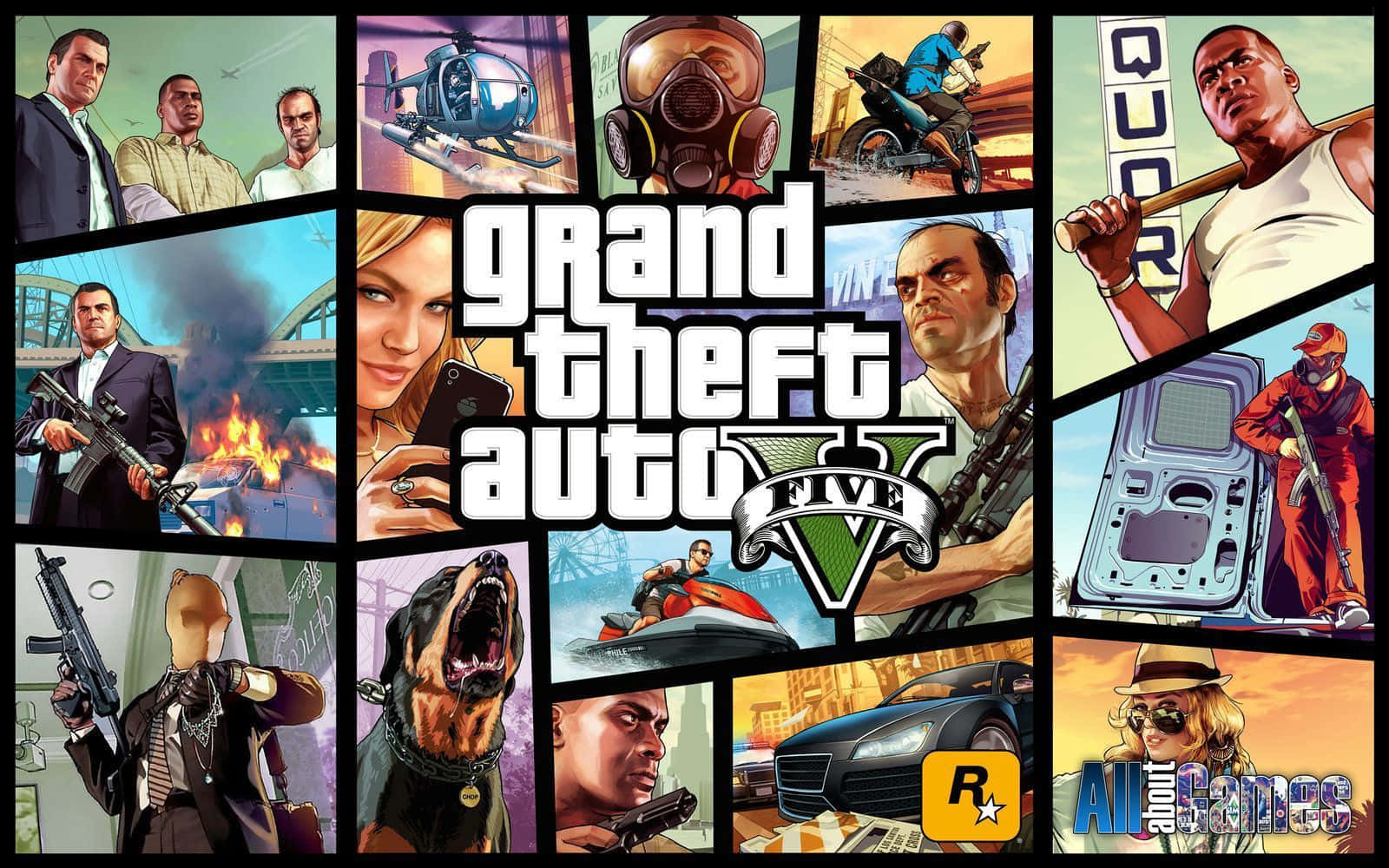 Gta 5 Desktop 桌布 壁紙 — 一幅充滿活力的Grand Theft Auto V角色和場景拼貼畫，包括武裝男子、直升機、水上摩托車和一隻咆哮的狗。