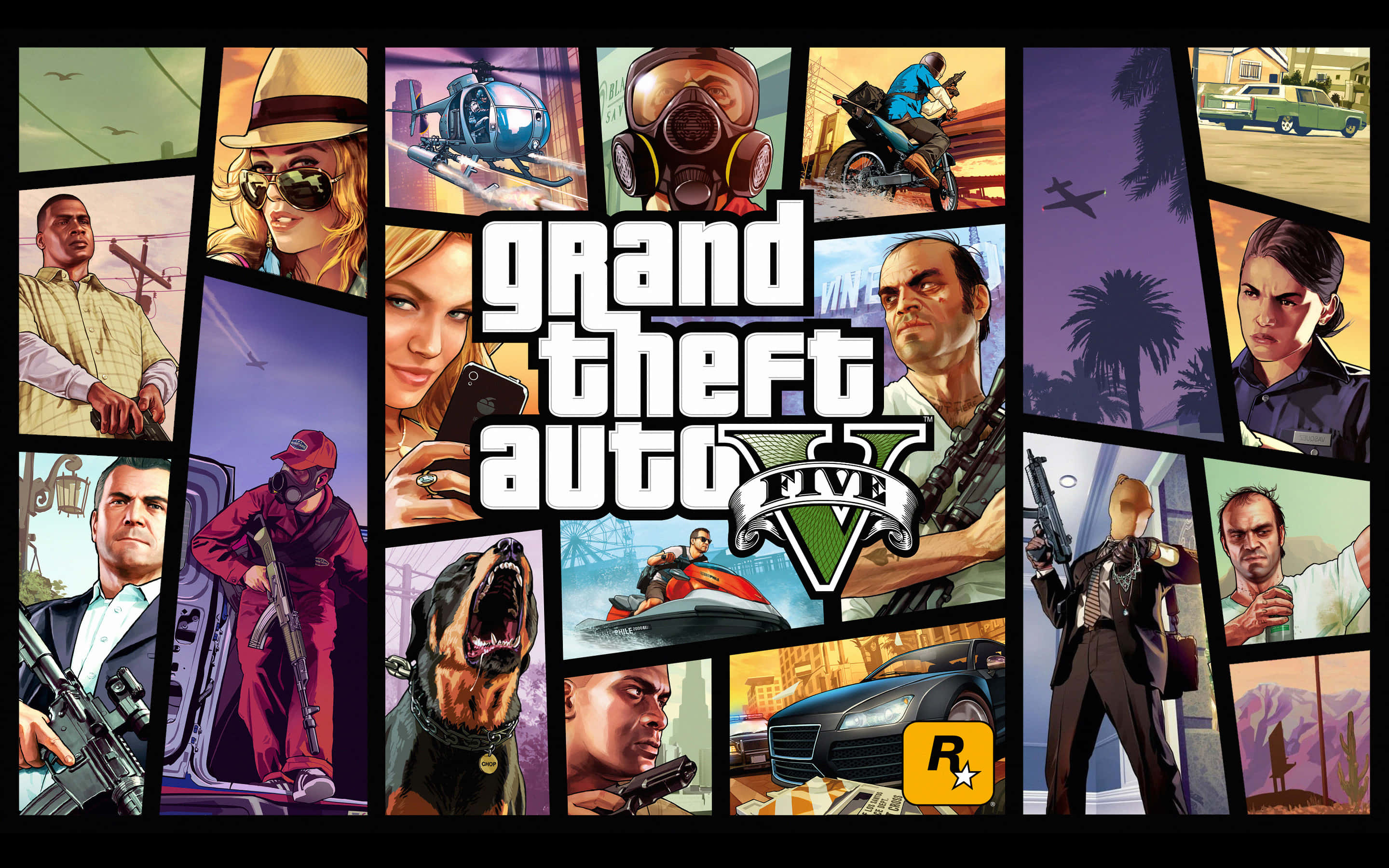 Grand Theft Auto V 桌布 壁紙 — 一幅充滿活力的Grand Theft Auto V角色與場景拼貼，包含槍械、汽車、直升機和一隻咆哮的狗。