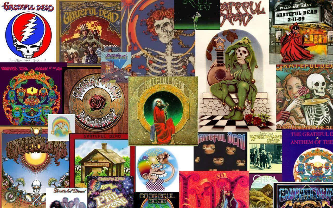 Grateful Dead iPhone 桌布 壁紙 — 一幅充滿活力的Grateful Dead專輯封面拼貼畫， featuring 迷幻藝術、骷髏頭、玫瑰和超現實圖像。