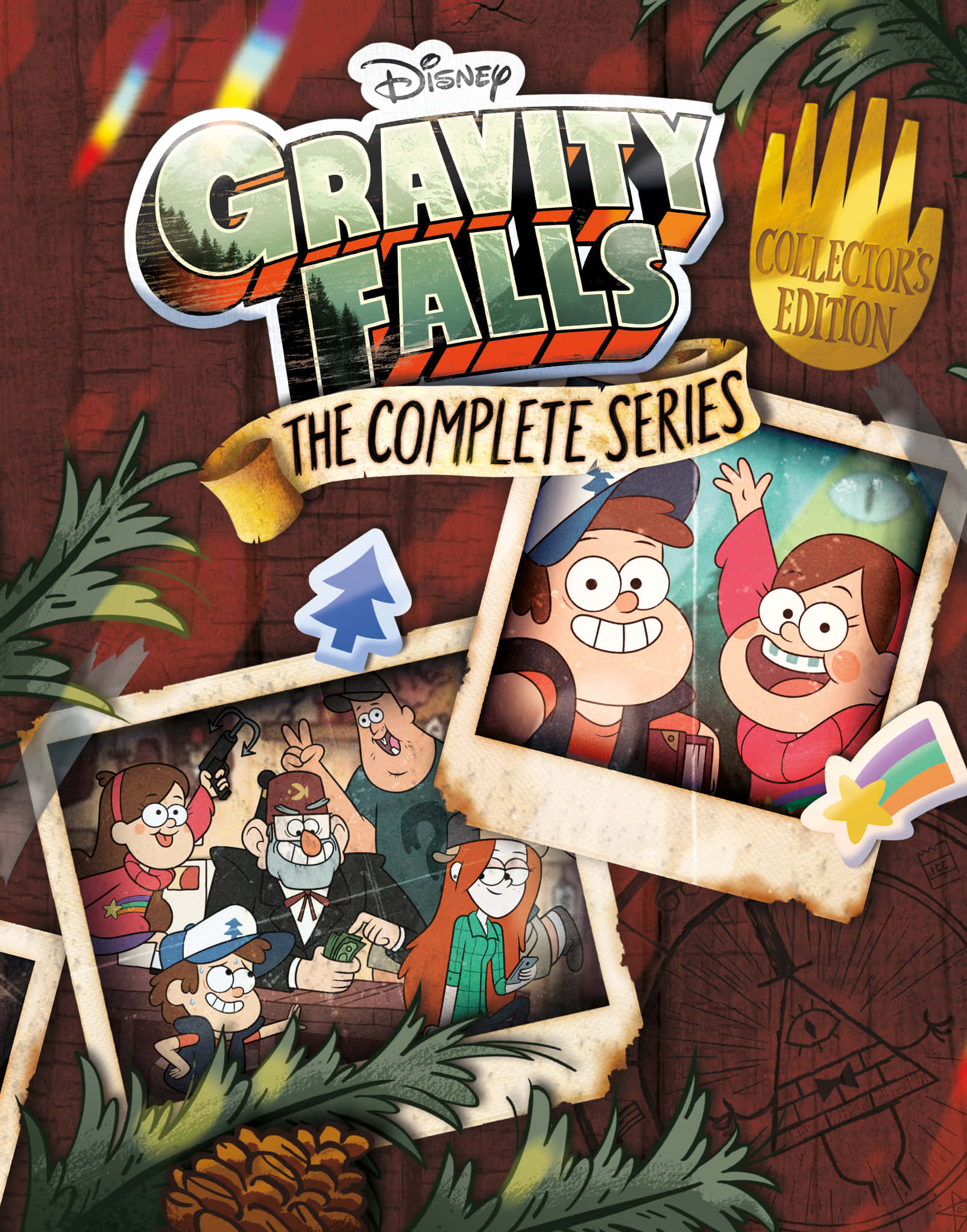 神秘小鎮大冒險 桌布 壁紙 — 一幅充滿活力的Gravity Falls角色拼貼畫，角色們在相框中，背景是森林，有彩虹條紋和松果。