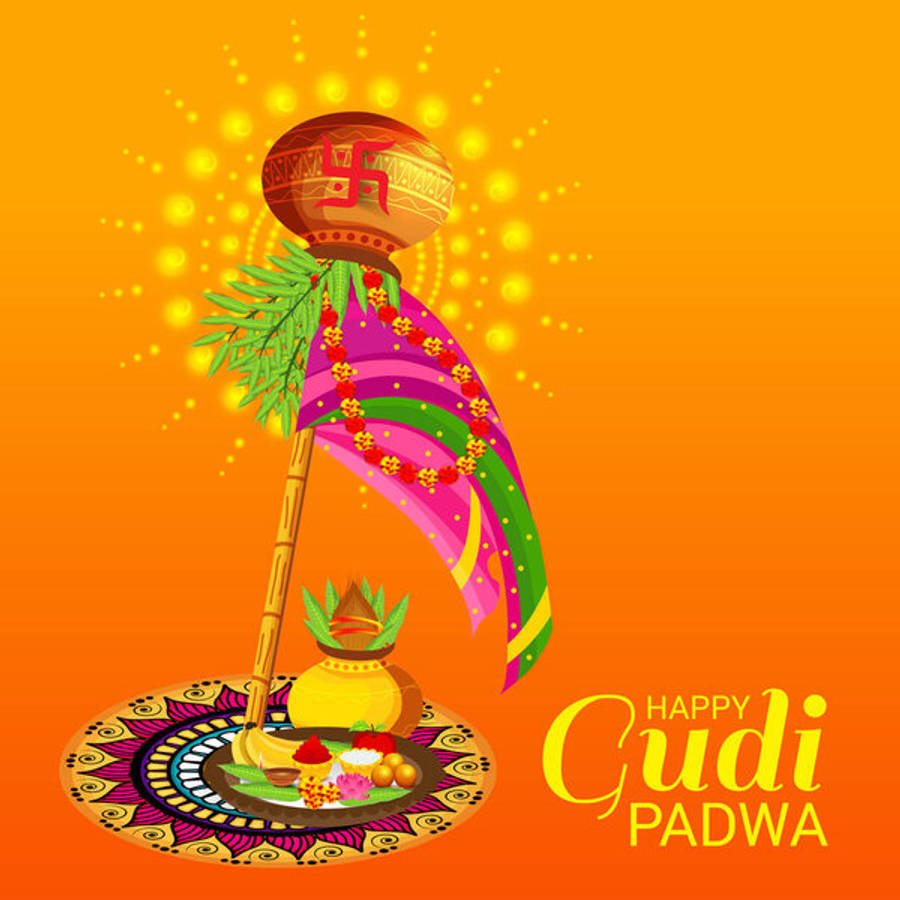 Gudi Padwa 桌布 壁紙 — 一幅充滿活力的Gudi Padwa慶祝插圖，以裝飾木柱、花盆和花環為特色，背景是耀眼的橙色。