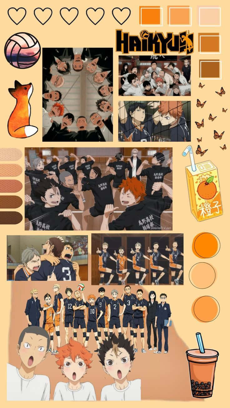 Volleyball 桌布 壁紙 — 一幅充滿活力的Haikyuu!!動畫角色在排球場景中的拼貼畫，周圍環繞著橙色主題裝飾和飲料圖標。