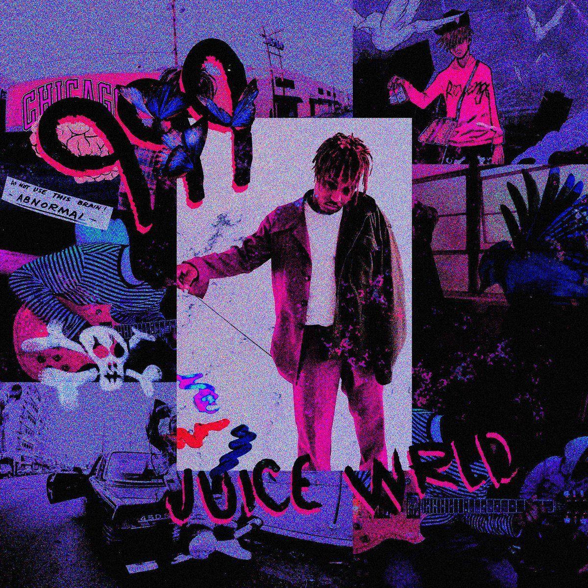 Juice WRLD的拼貼藝術，包含骷髏、吉他和城市塗鴉，以螢光粉紅和紫色呈現。 — Juice Wrld 壁紙