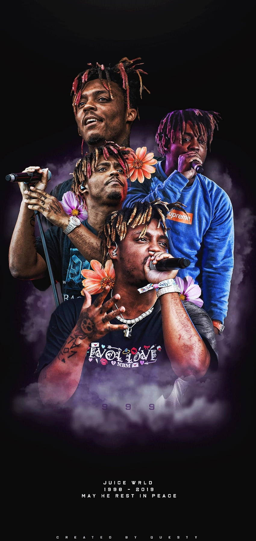 Juice WRLD的數位致敬拼貼畫，帶有花朵和煙霧。 — Juice Wrld 壁紙