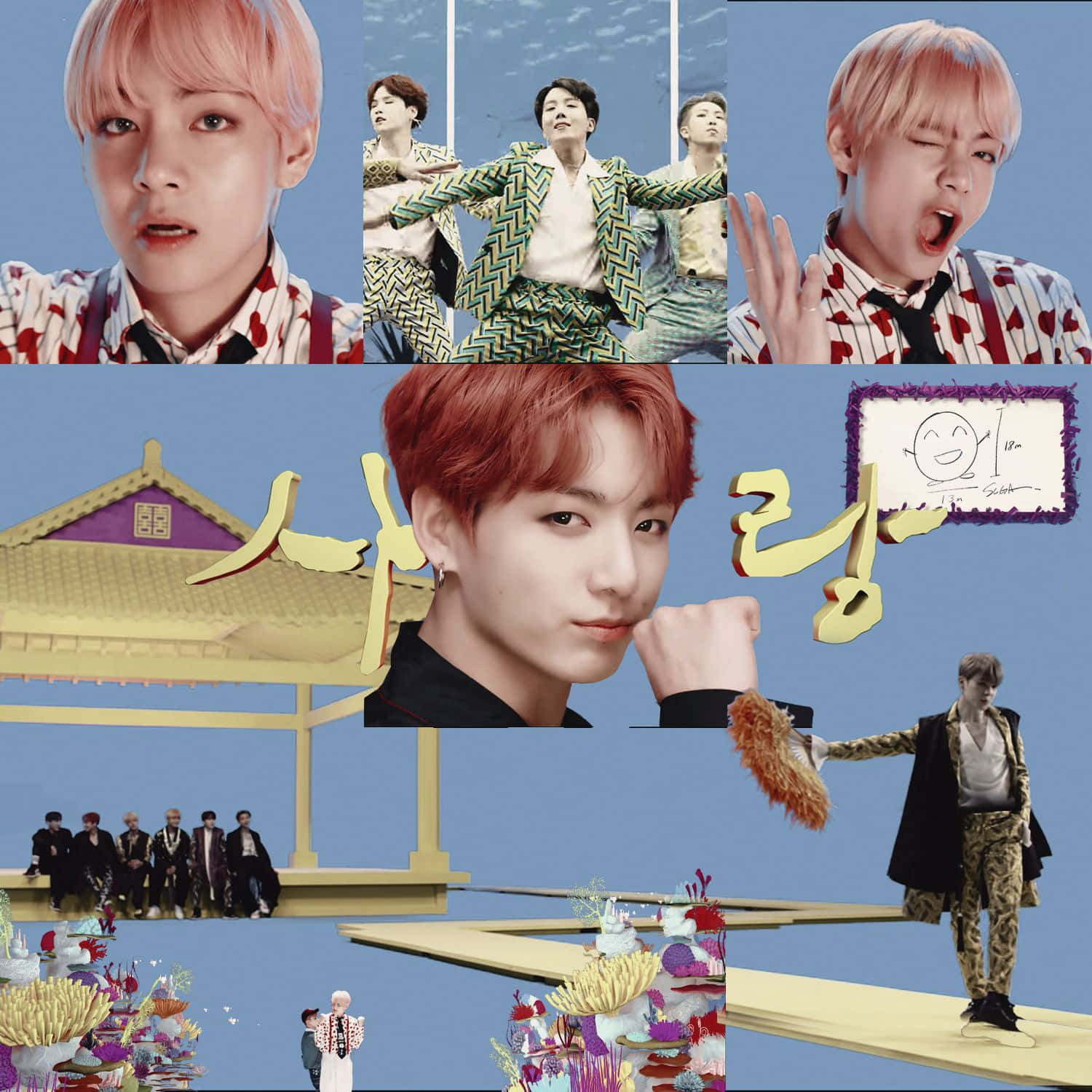 Bts Mv 桌布 壁紙 — 一幅充滿活力的K-pop偶像拼貼畫，他們穿著色彩繽紛的服裝，背景是超現實的藍色，有浮動平台和韓文文字。