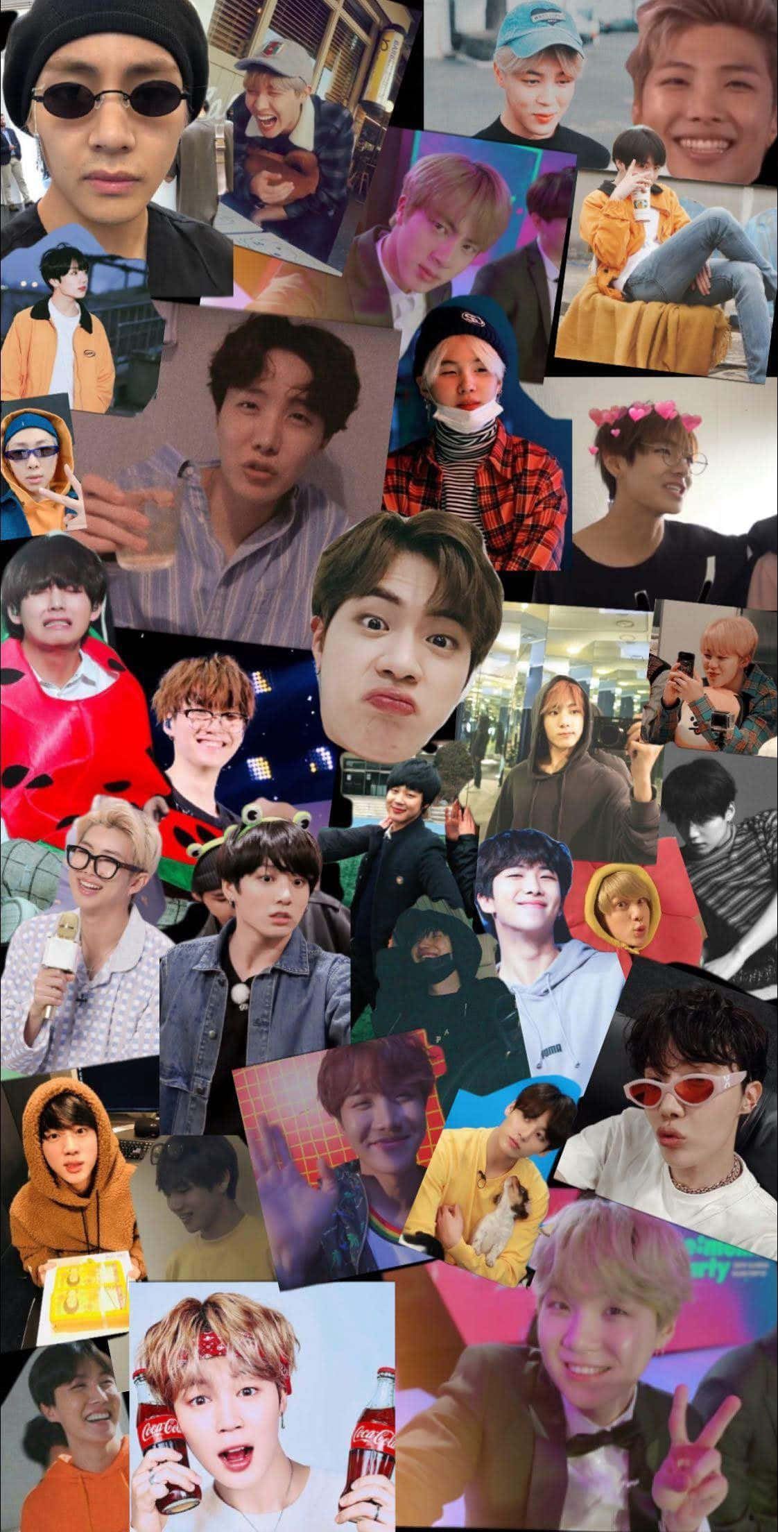 Bts Funny 桌布 壁紙 — 一幅充滿活力的K-pop偶像拼貼畫，捕捉了各種自然和擺拍的瞬間，展現多樣的表情和色彩繽紛的服裝。