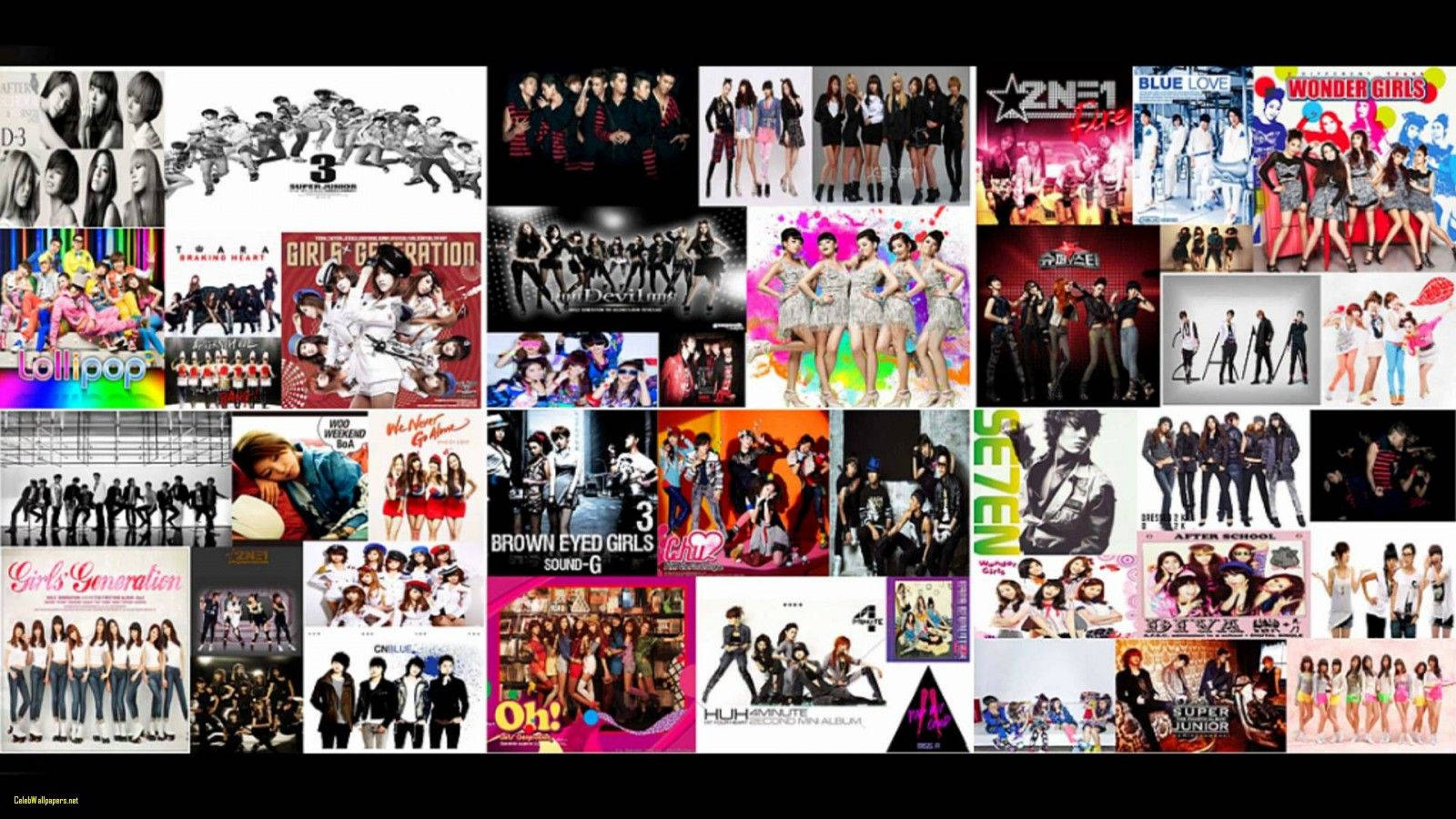 K-pop 桌布 壁紙 — 一幅充滿活力的K-pop組合專輯封面拼貼畫， featuring 色彩繽紛的服裝和動態姿勢，背景多樣。