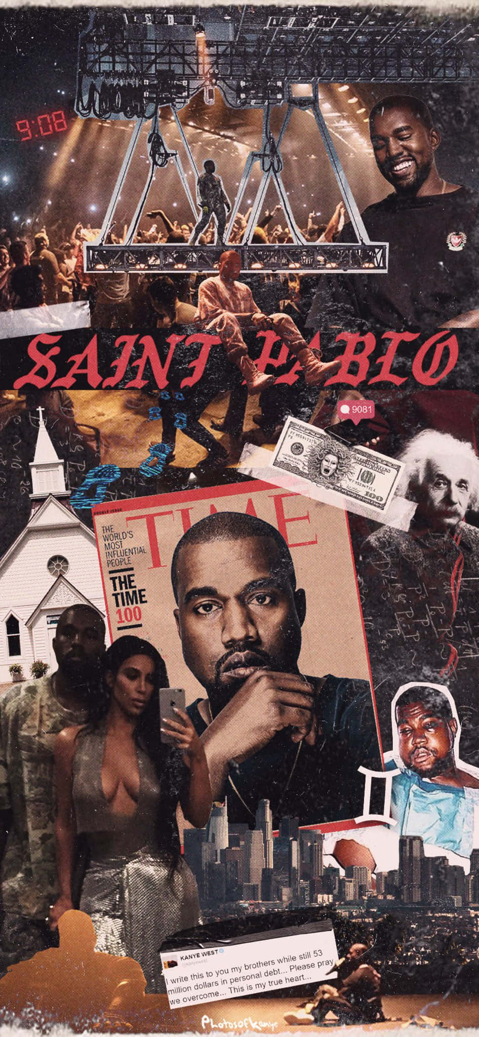 The Life Of Pablo 桌布 壁紙 — 一幅充滿活力的Kanye West圖像拼貼，包括演唱會舞台、TIME雜誌封面、金錢和城市景觀。
