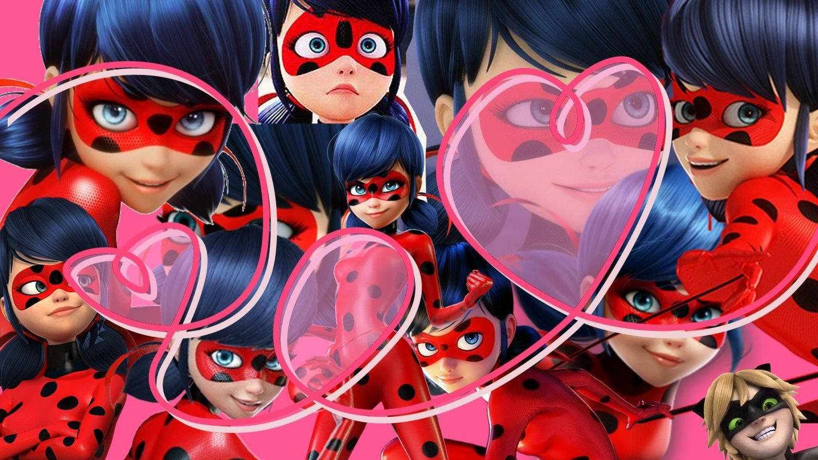 Cartoon 桌布 壁紙 — 一幅充滿活力的Ladybug角色拼貼畫，角色身穿紅黑服裝，以粉紅心形框住，背景為亮粉紅色。