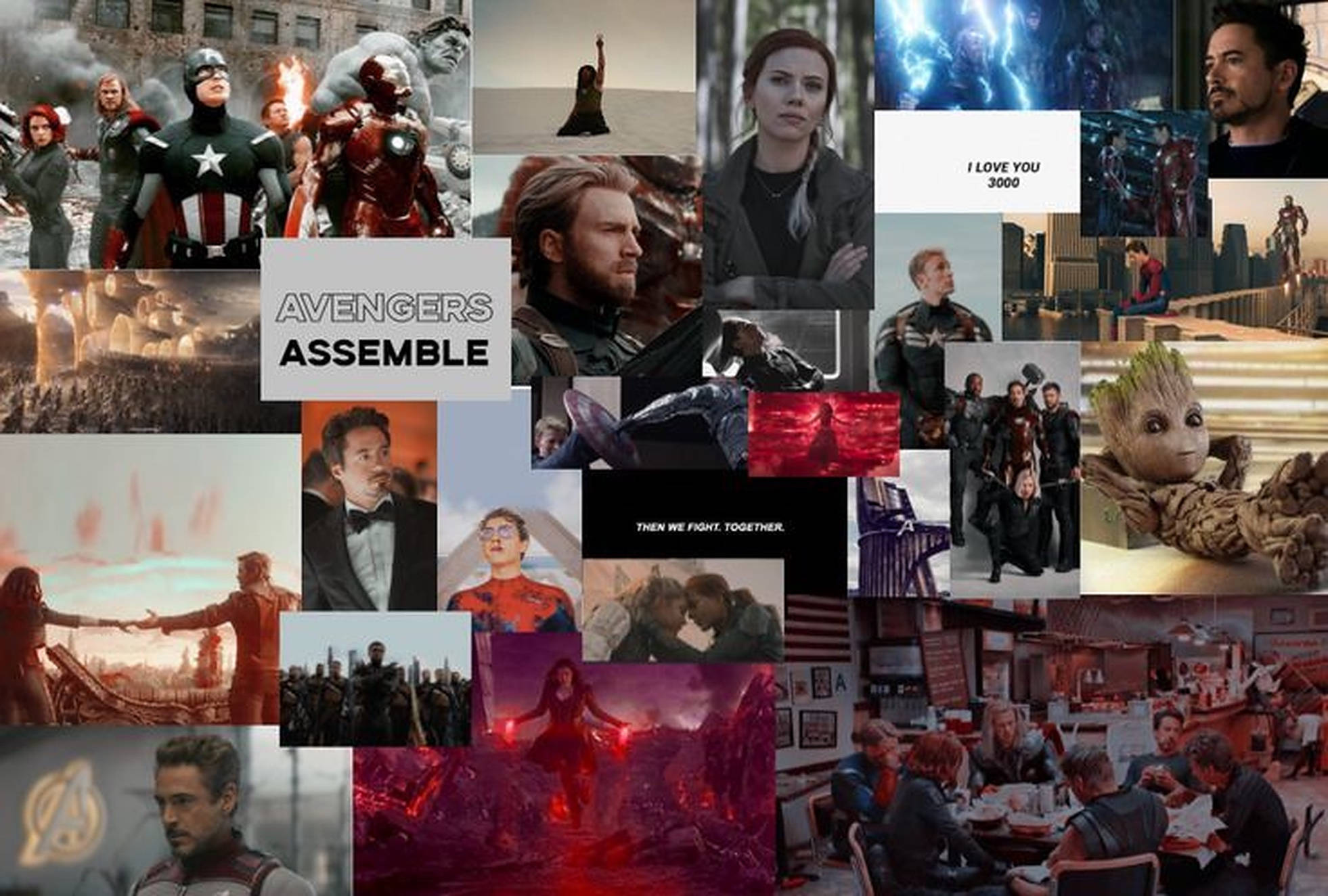 Assemble 桌布 壁紙 — 一幅充滿活力的Marvel復仇者聯盟電影場景拼貼，展現英雄們的動作場面、感人時刻和經典對白。