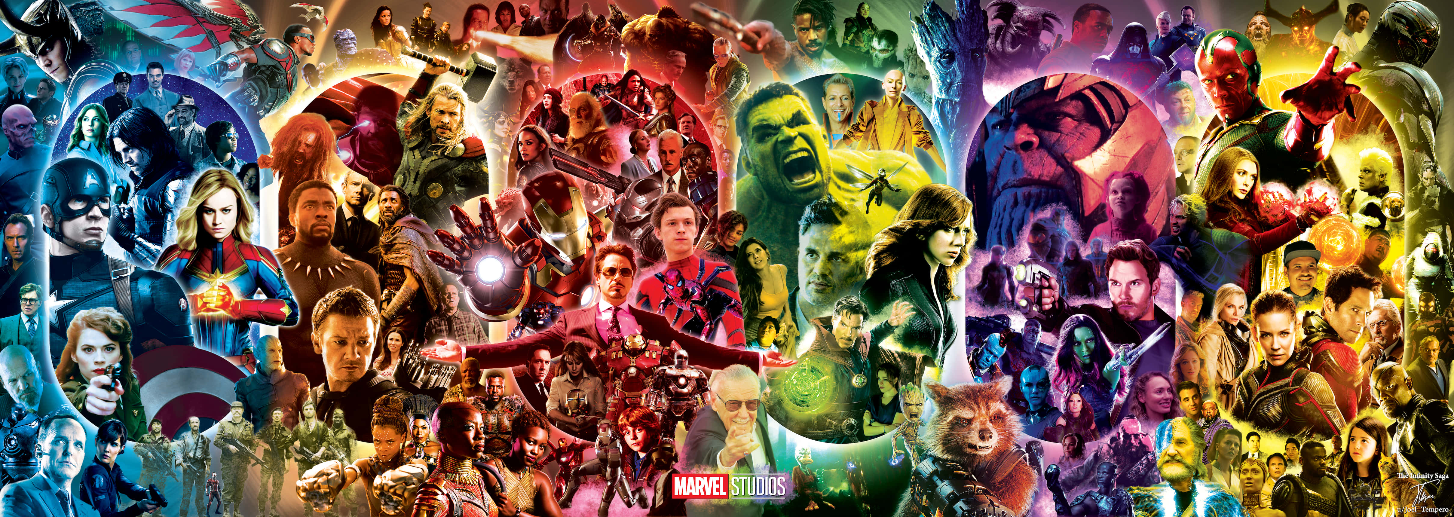 Mcu 桌布 壁紙 — 一幅充滿活力的Marvel超級英雄與反派拼貼畫，充滿動感姿勢與鮮豔色彩。