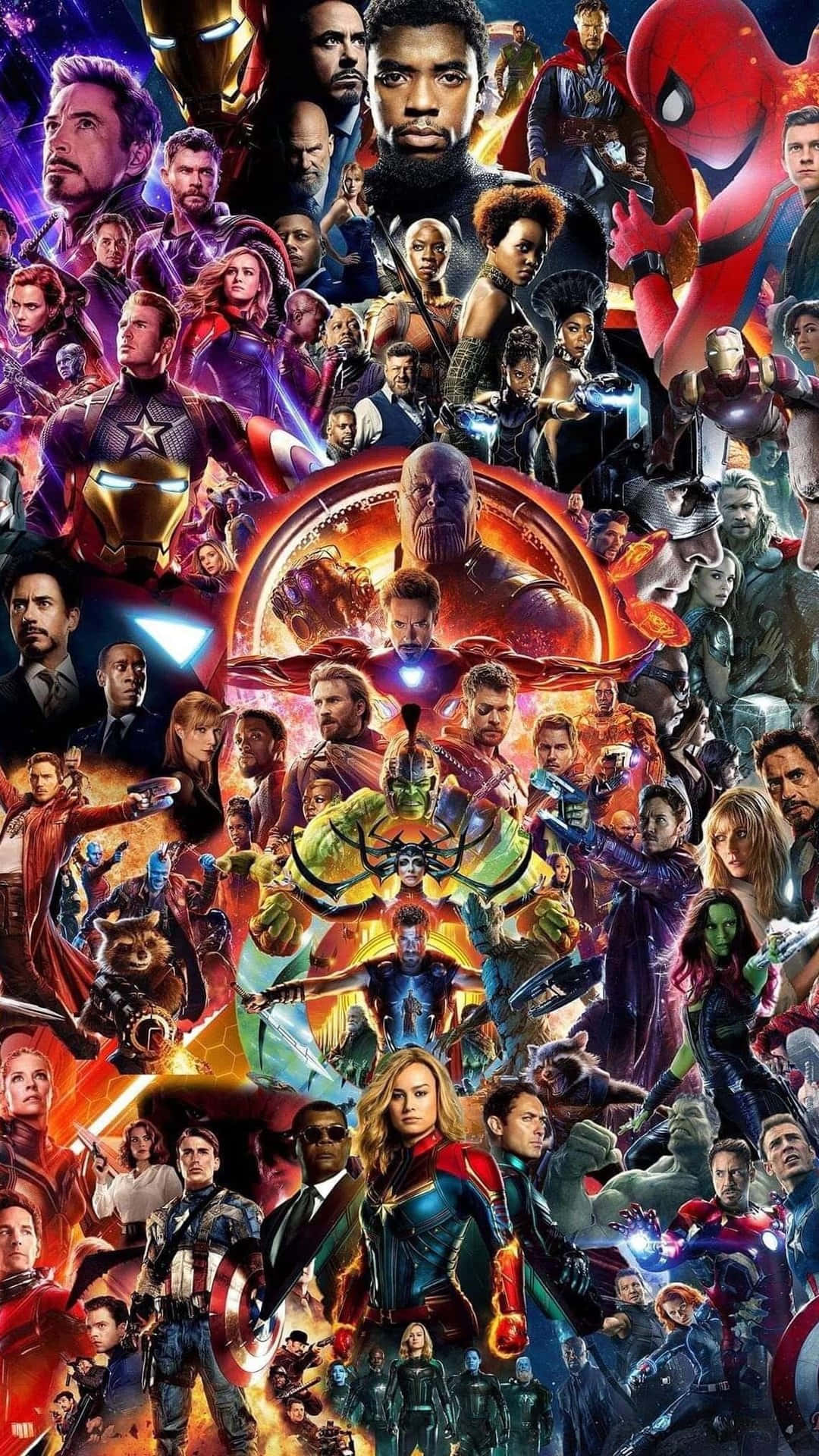 Avengers Endgame iPhone 桌布 壁紙 — 一幅充滿活力的Marvel超級英雄與反派拼貼畫，以動感姿勢呈現於宇宙背景前。
