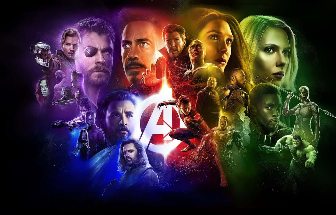 電影動圖 桌布 壁紙 — 一幅充滿活力的Marvel超級英雄與反派拼貼畫，帶有發光的宇宙色彩，中央是復仇者聯盟標誌。