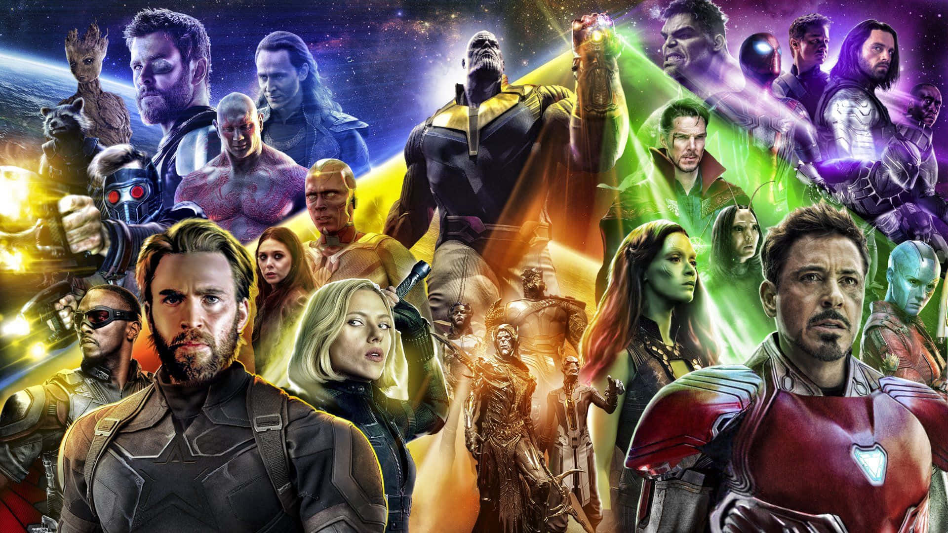 漫威 桌布 壁紙 — 一幅充滿活力的Marvel超級英雄與反派拼貼畫，以宇宙背景和發光能量效果呈現。