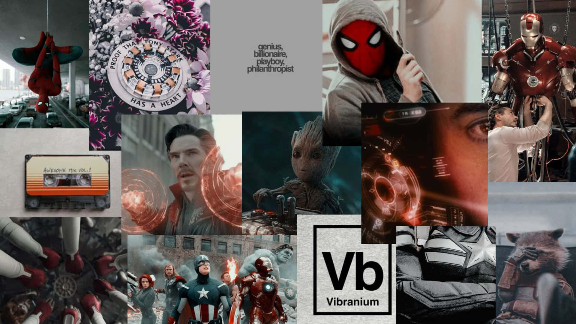 Scientist 桌布 壁紙 — 一幅充滿活力的Marvel超級英雄圖像拼貼，包括鋼鐵人、格魯特、美國隊長和蜘蛛人，以動態姿勢和標誌性場景呈現。