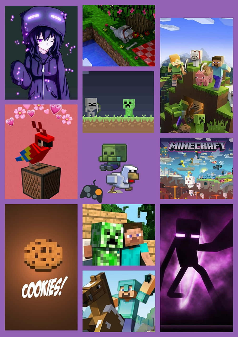 電玩遊戲 桌布 壁紙 — 一幅充滿活力的Minecraft遊戲場景和角色拼貼畫，包括殭屍、玩家和一個像素化餅乾。
