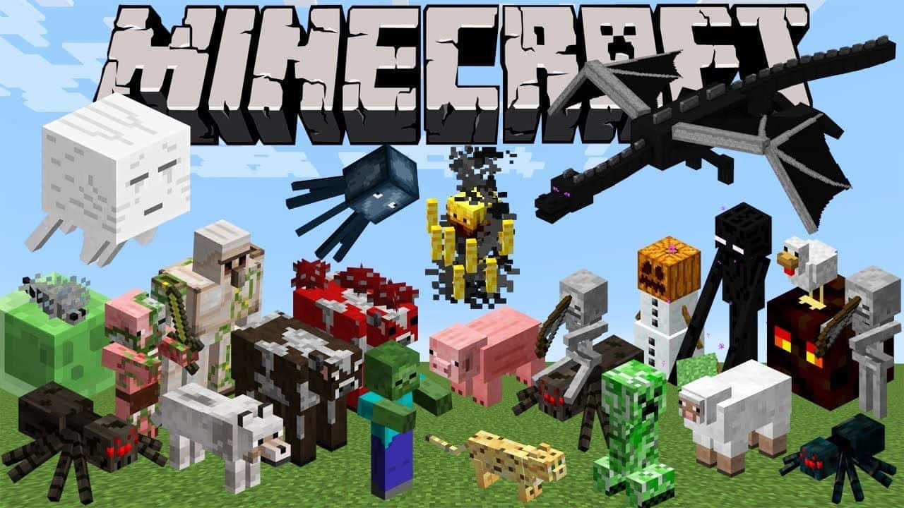 Minecraft Phone 桌布 壁紙 — 一幅充滿活力的Minecraft桌布，以明亮的藍天為背景，展示標誌性的像素化生物，如殭屍、苦力怕和終界龍。