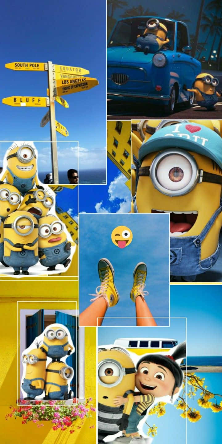 Minion 桌布 壁紙 — 一幅充滿活力的Minions拼貼畫，展現各種嬉戲場景，背景是明亮的藍天和陽光燦爛。