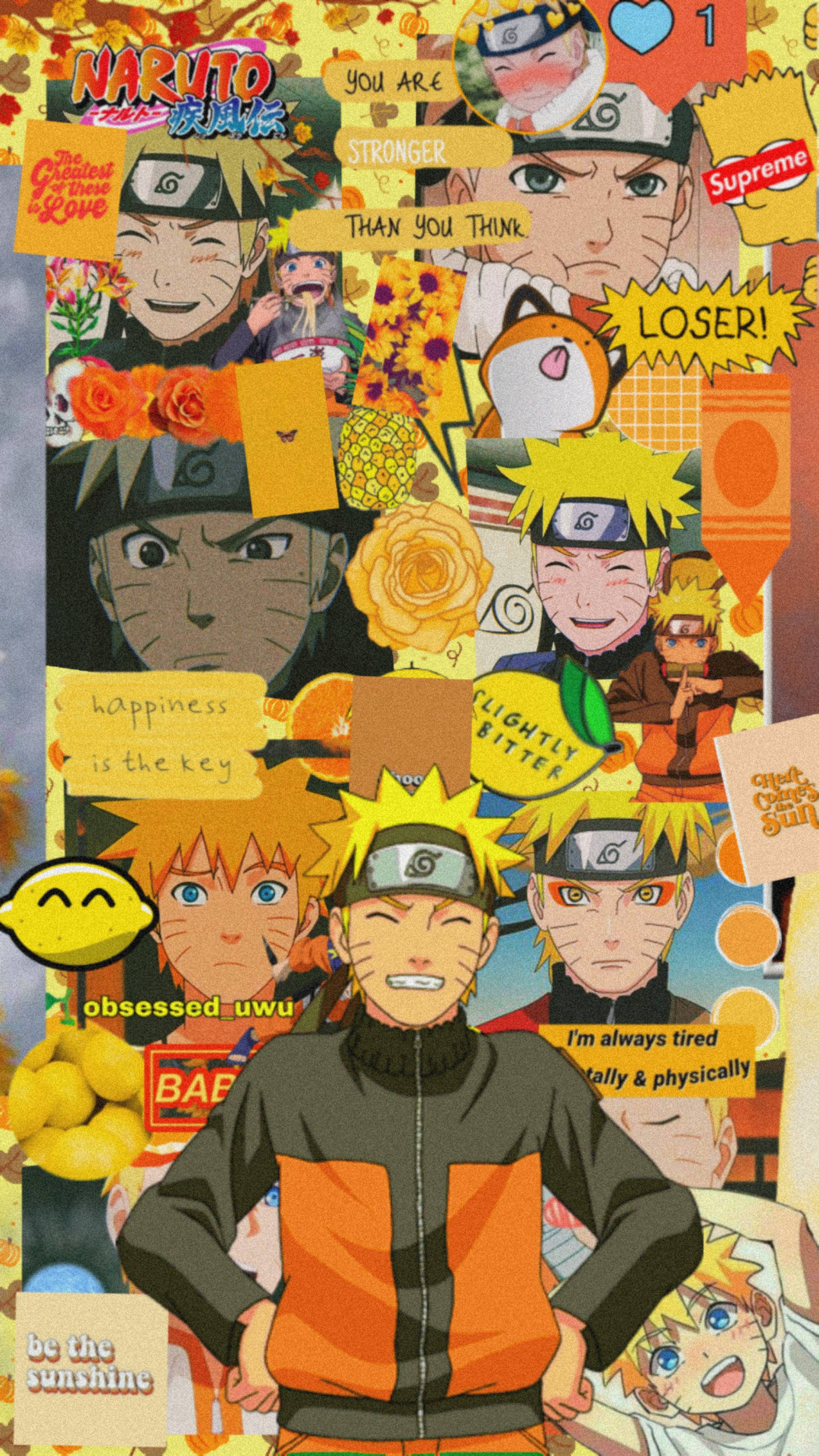 Yellow Naruto 桌布 壁紙 — 一幅充滿活力的Naruto動漫角色拼貼畫，上面有勵志語錄和貼紙，疊加在明亮的背景上。